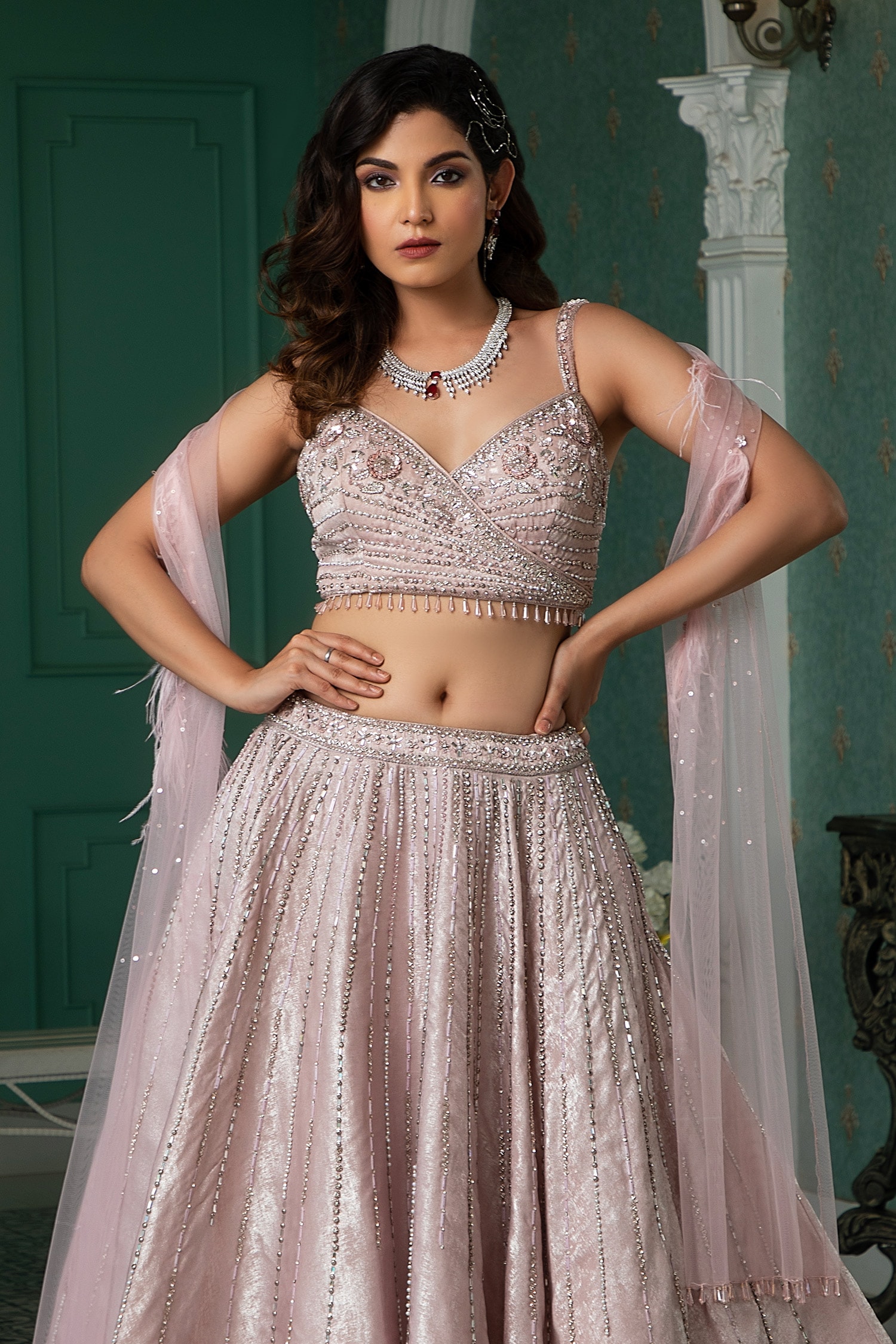Dusty Ivory Shimmer Tulle Embroidered Lehenga Set Design by Dolly J at  Pernia's Pop Up Shop 2023
