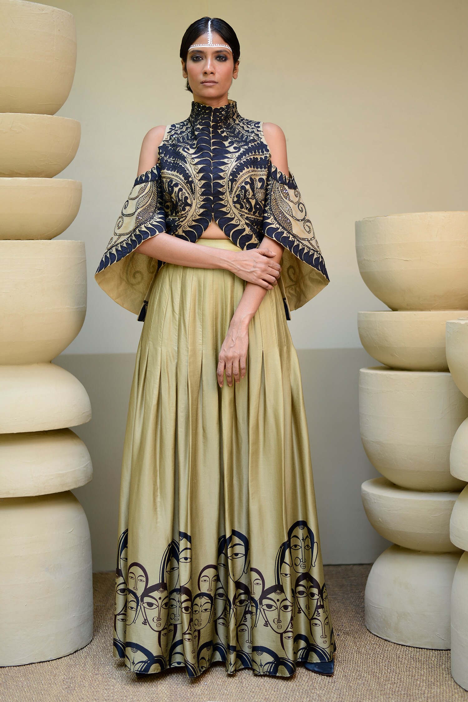 Buy Bankura Hand Embroidered Crop Jacket With Skirt by Ekru at Aza Fashions