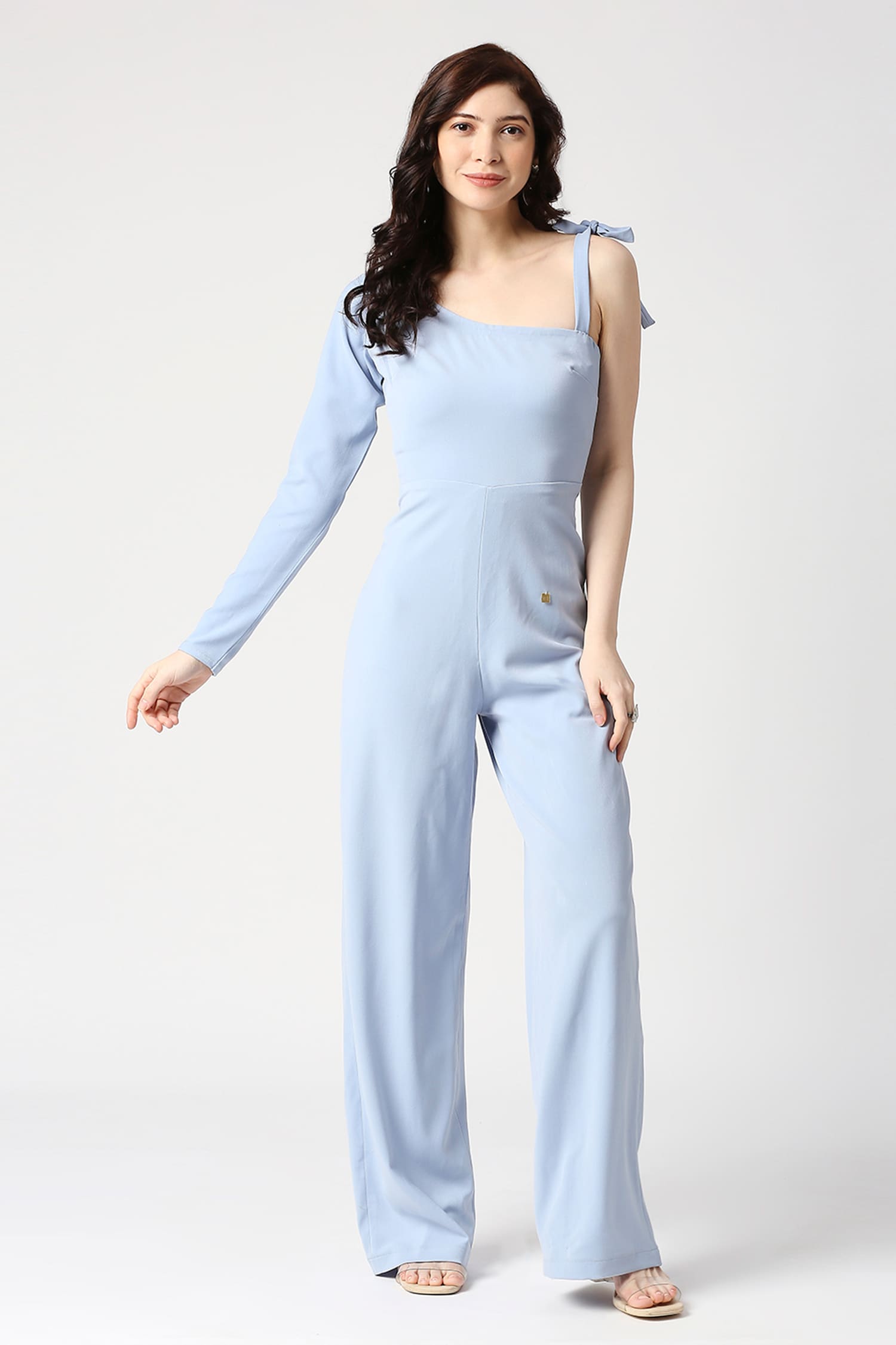 Buy Sky Blue Lachaka Plain Asymmetric One Shoulder Sleeve Jumpsuit For  Women by Emblaze Online at Aza Fashions.