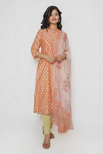 Coral Floral Motif Kurta Set with Belt