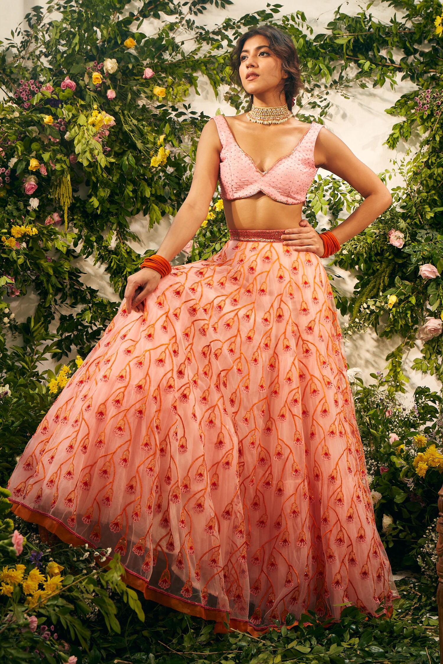 TUHINA SRIVASTAVA Pink Tulle Embroidery Resham V Neck Tulip Lehenga Set For Women
