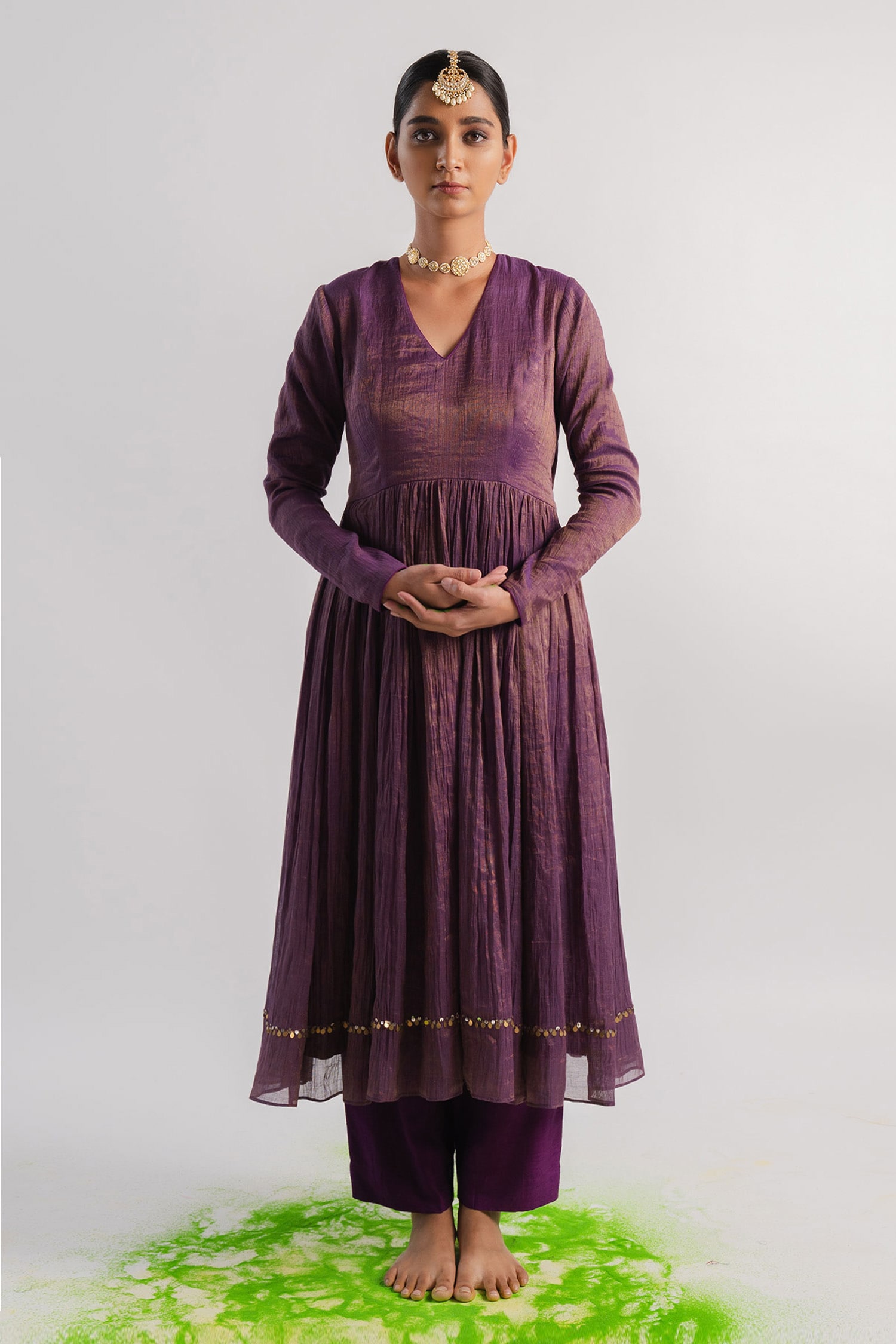 Buy Purple Anarkali Tissue Solid V Neck And Straight Pant Set For Women by Tussah  by Siddhi Shah Online at Aza Fashions.