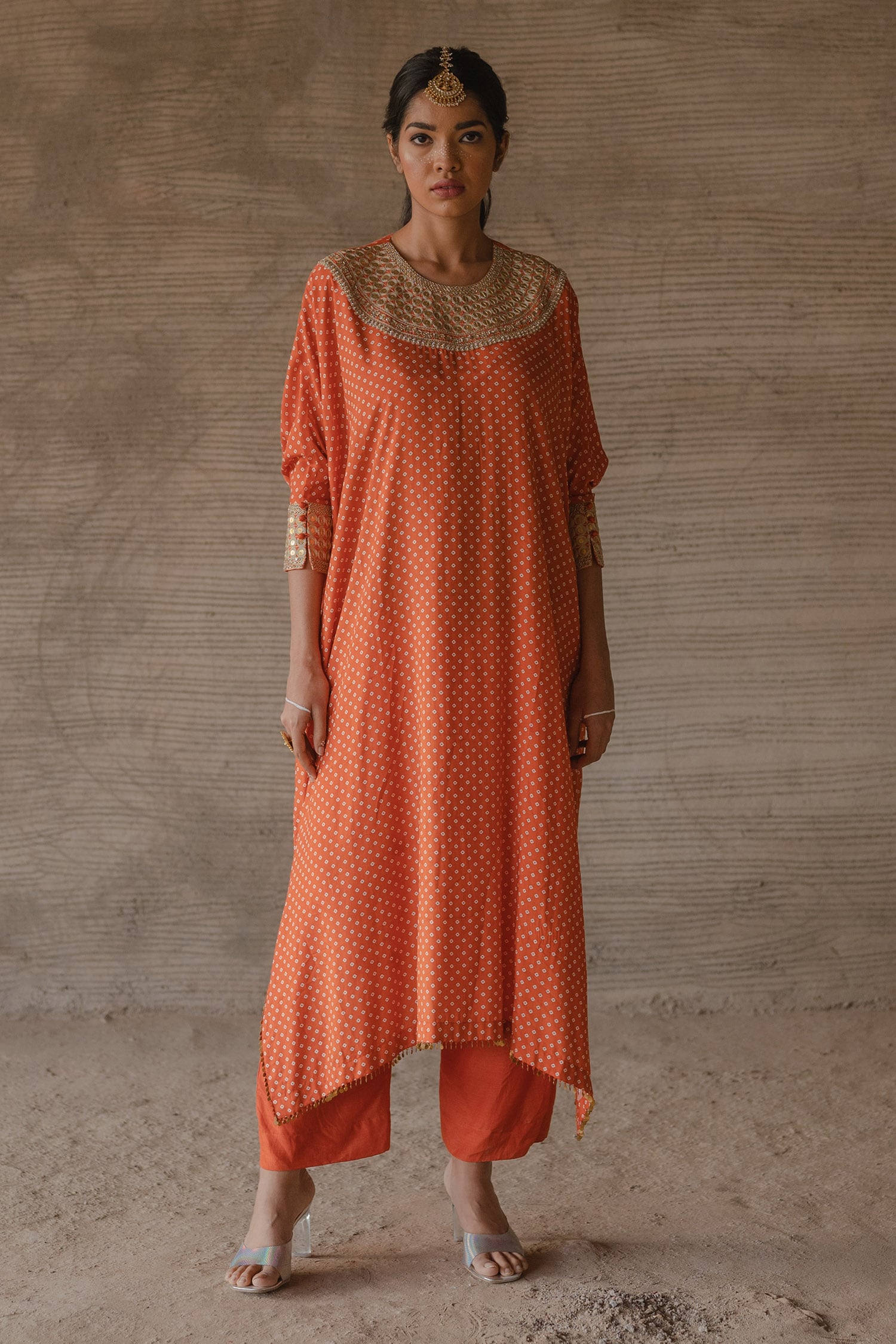 Buy Tussah by Siddhi Shah Orange Spun Silk Bandhej Pattern Flared Kaftan With Pant Online Aza