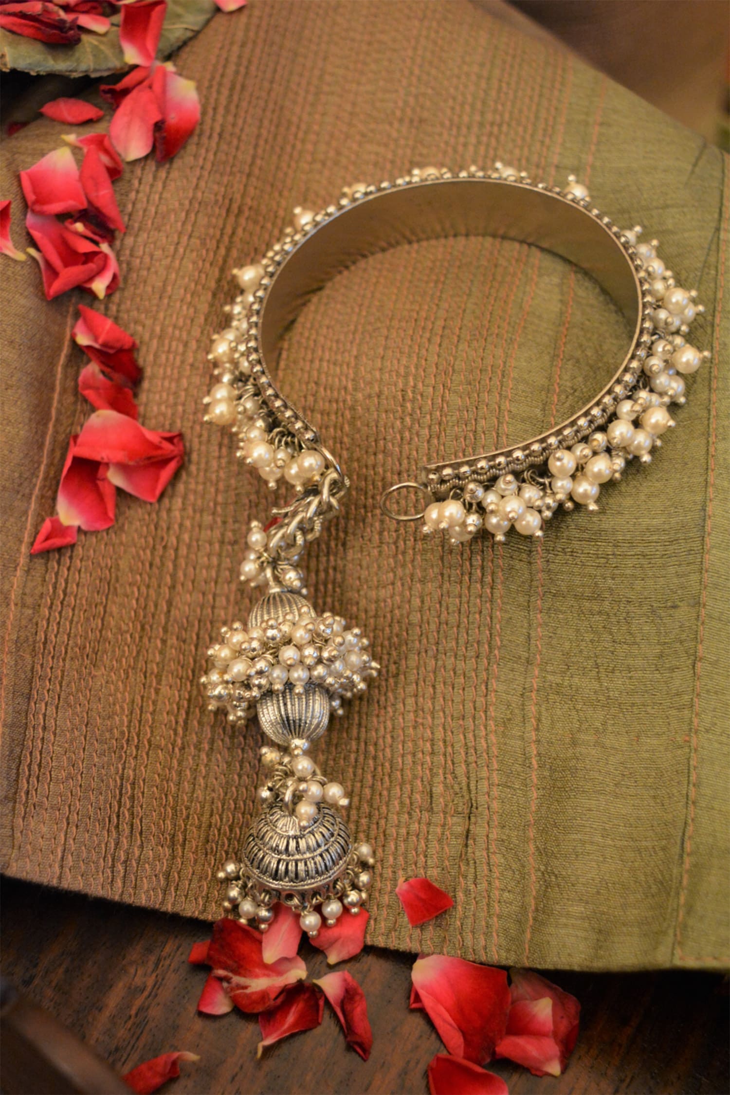 Buy Silver Plated Pearl And Ghungroo Embellished Mogra Tasselled Kada 