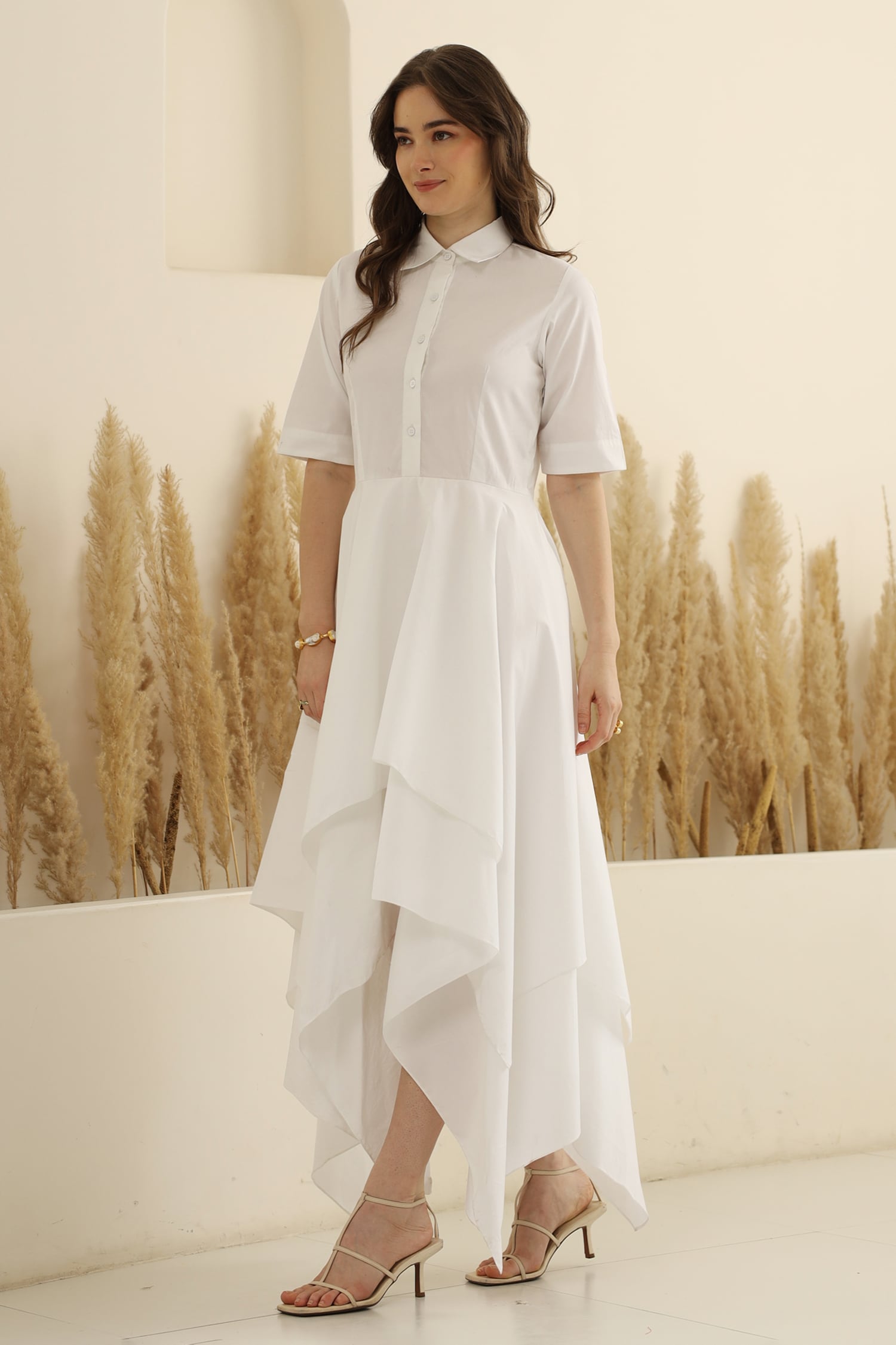 Buy White Cotton Solid Shirt Collar Layered Asymmetric Hem Dress