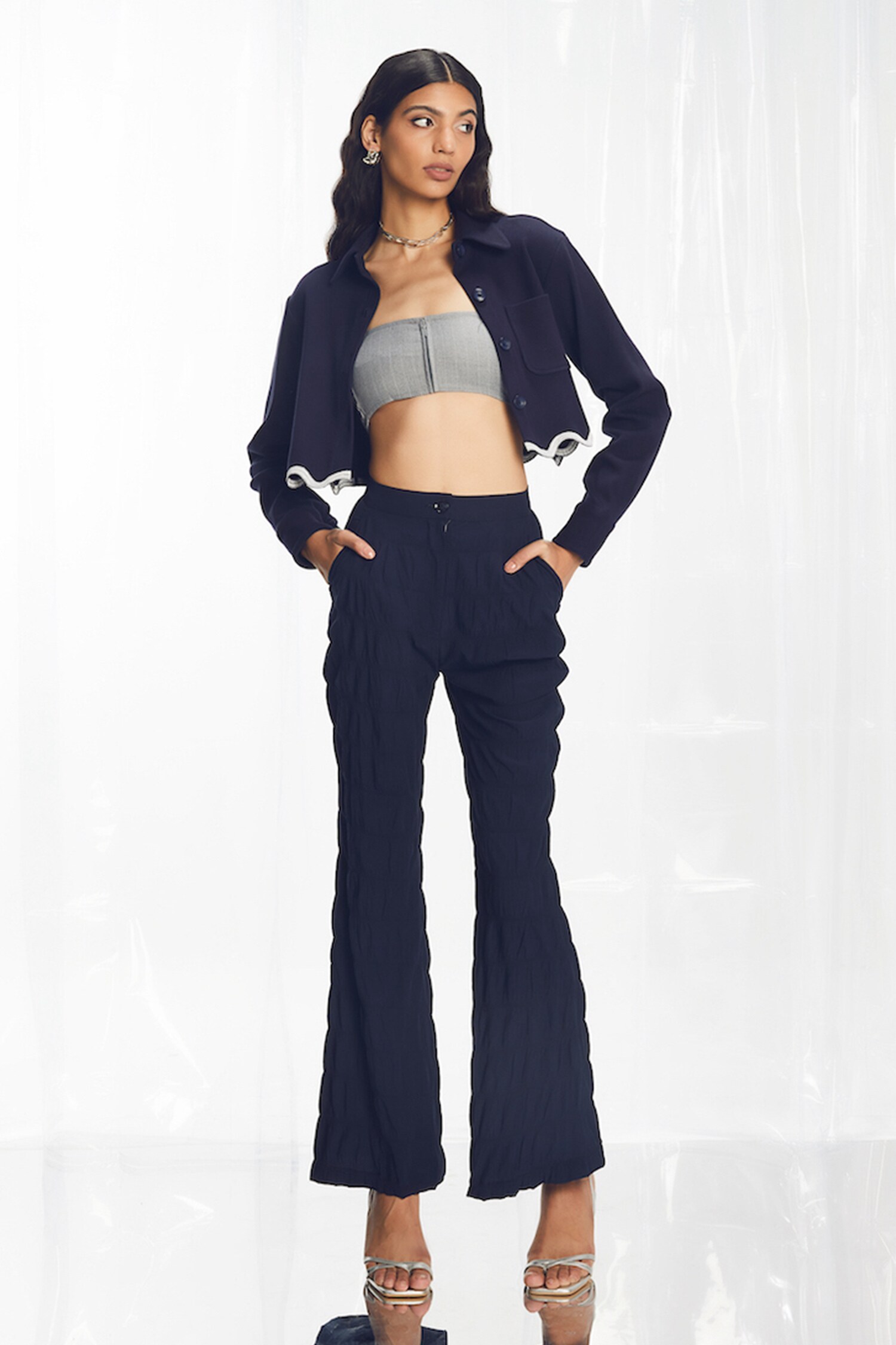 Buy Pocketful Of Cherrie Blue Cotton Mix Bubble High Waisted Trouser Online Aza Fashions