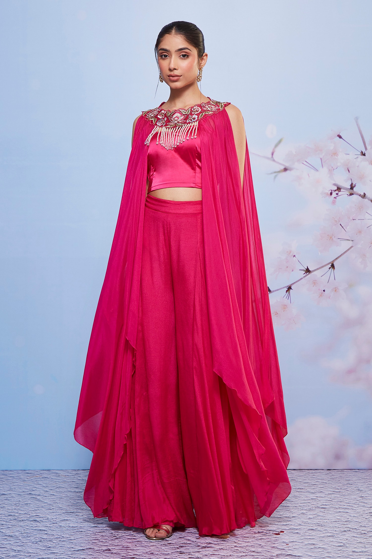 Buy Pink Chiffon Embroidered Floral Bustier Jacket Sharara Set For