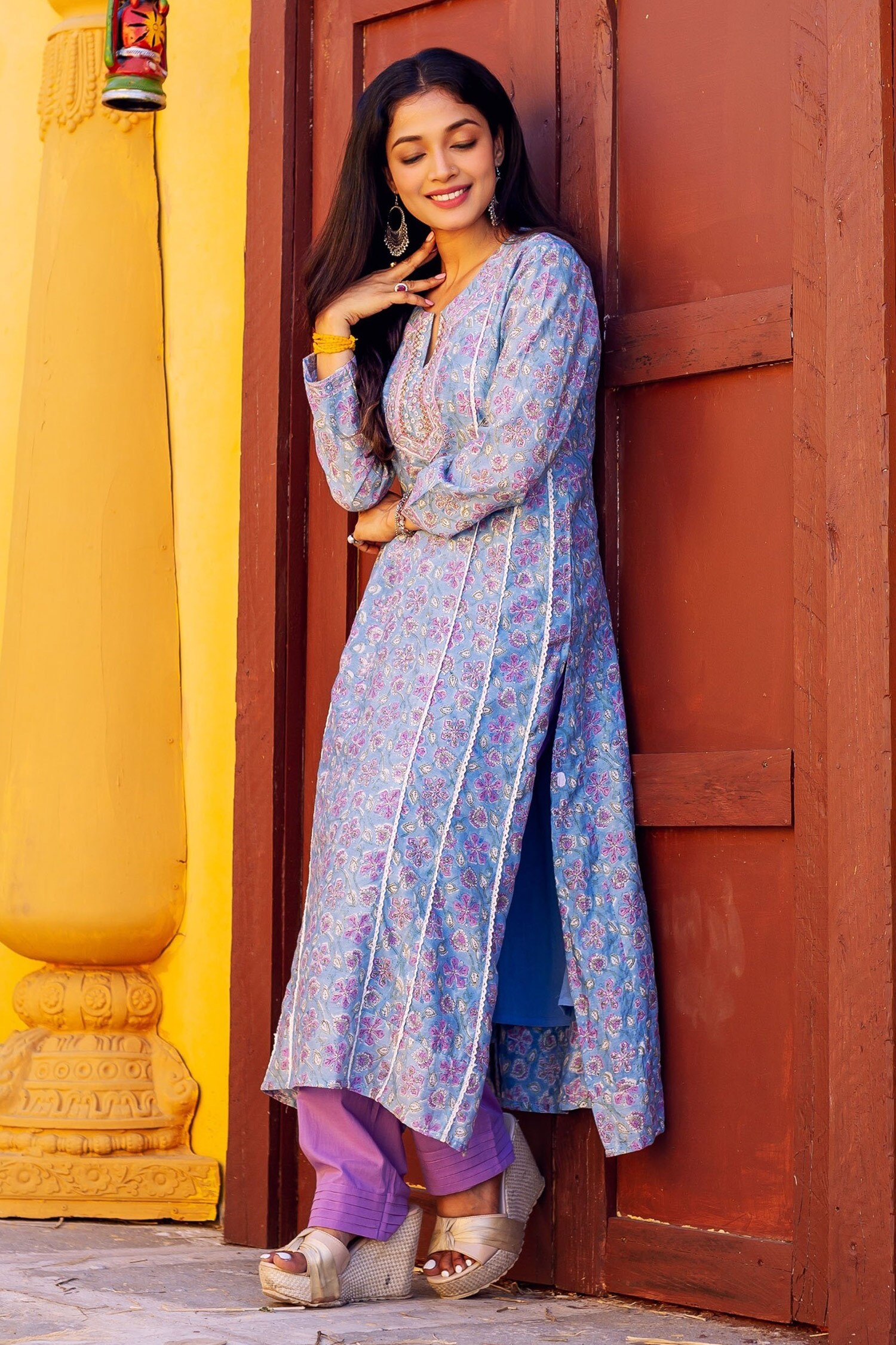 Buy Purple Kurta Chanderi Printed And Embroidered Nafeesa & Pant Set