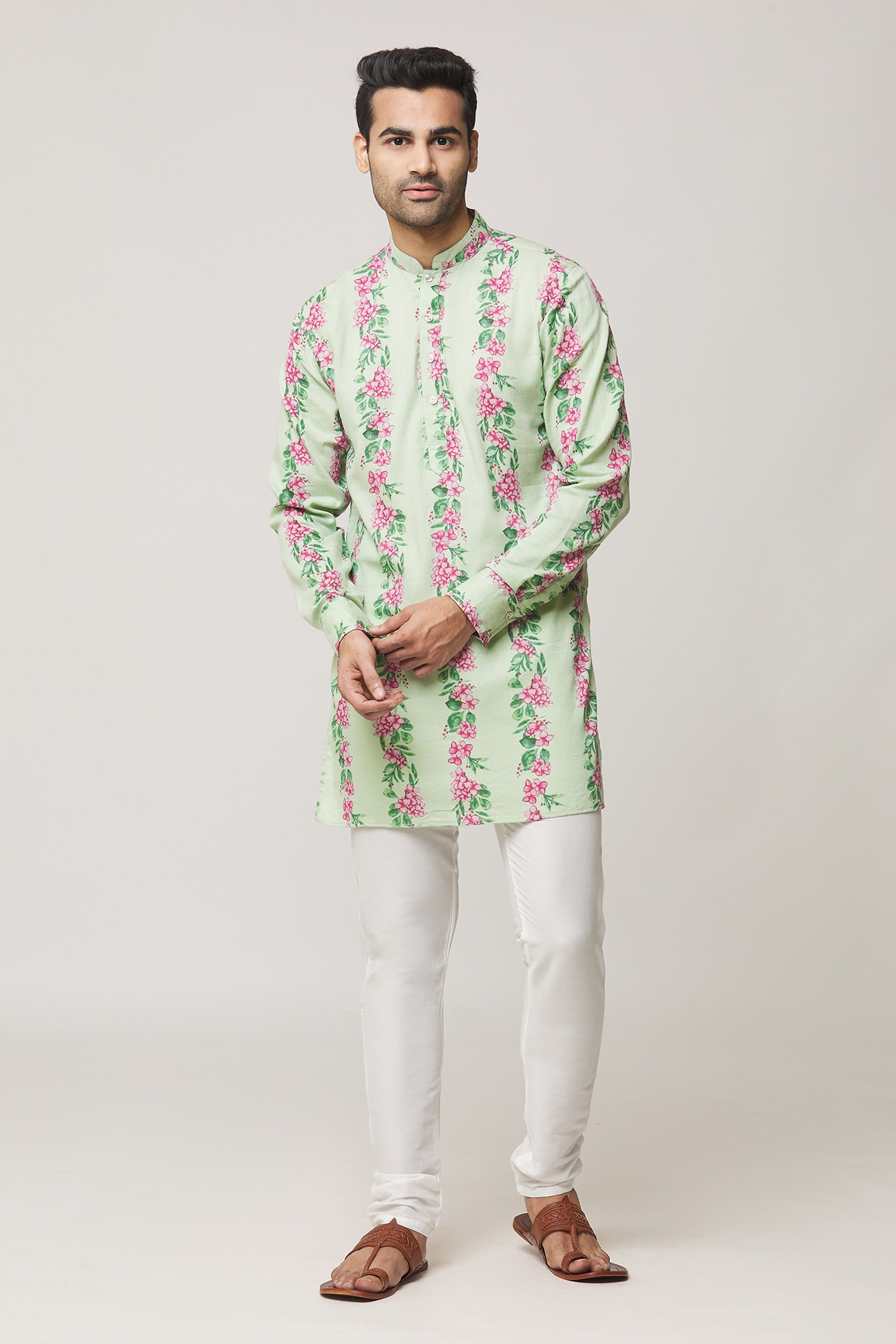 Buy Green Cotton Printed Flower Full Sleeve Kurta Set For Men by Spring