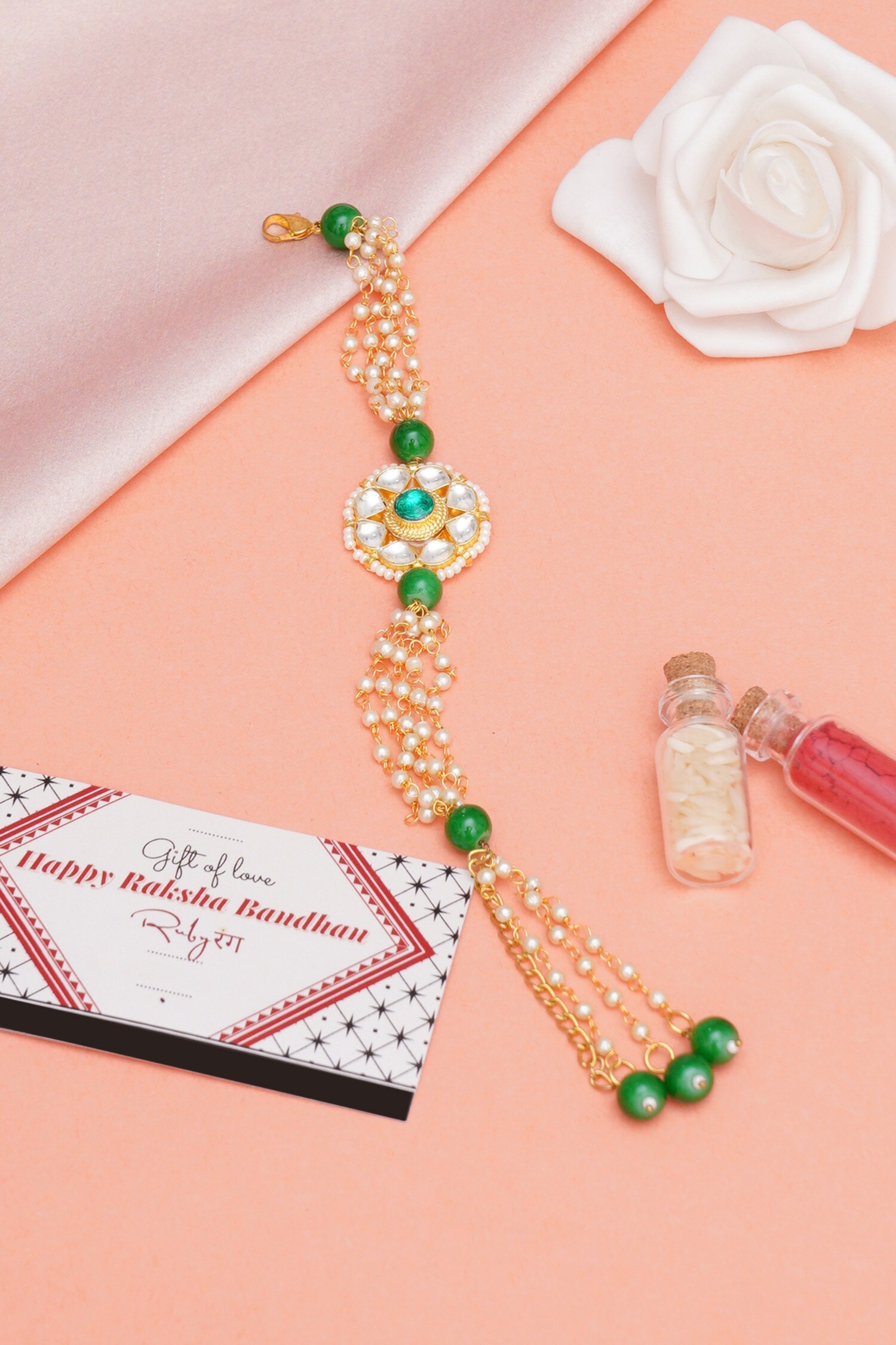 Buy Gold Kundan Stone Bead And Embellished Rakhi by Ruby Raang Online ...