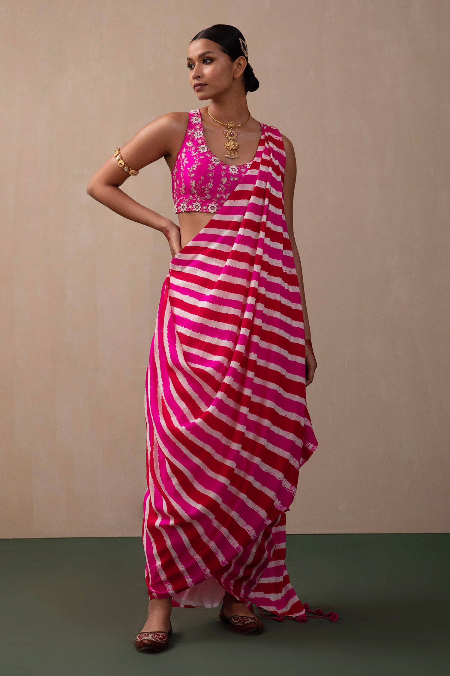 Buy Pink Silk Printed Leheriya U Neck Pre Stitched Saree With Blouse