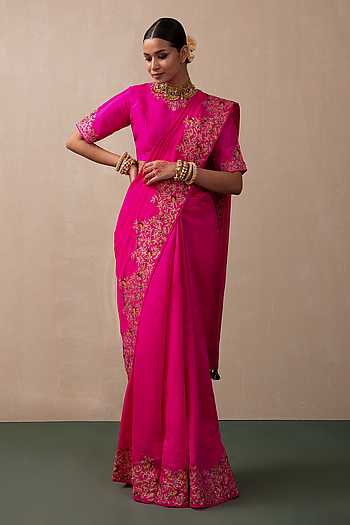 buy-pink-city-pink-silk-chanderi-saree-and-blouse-set-online-aza-fashions