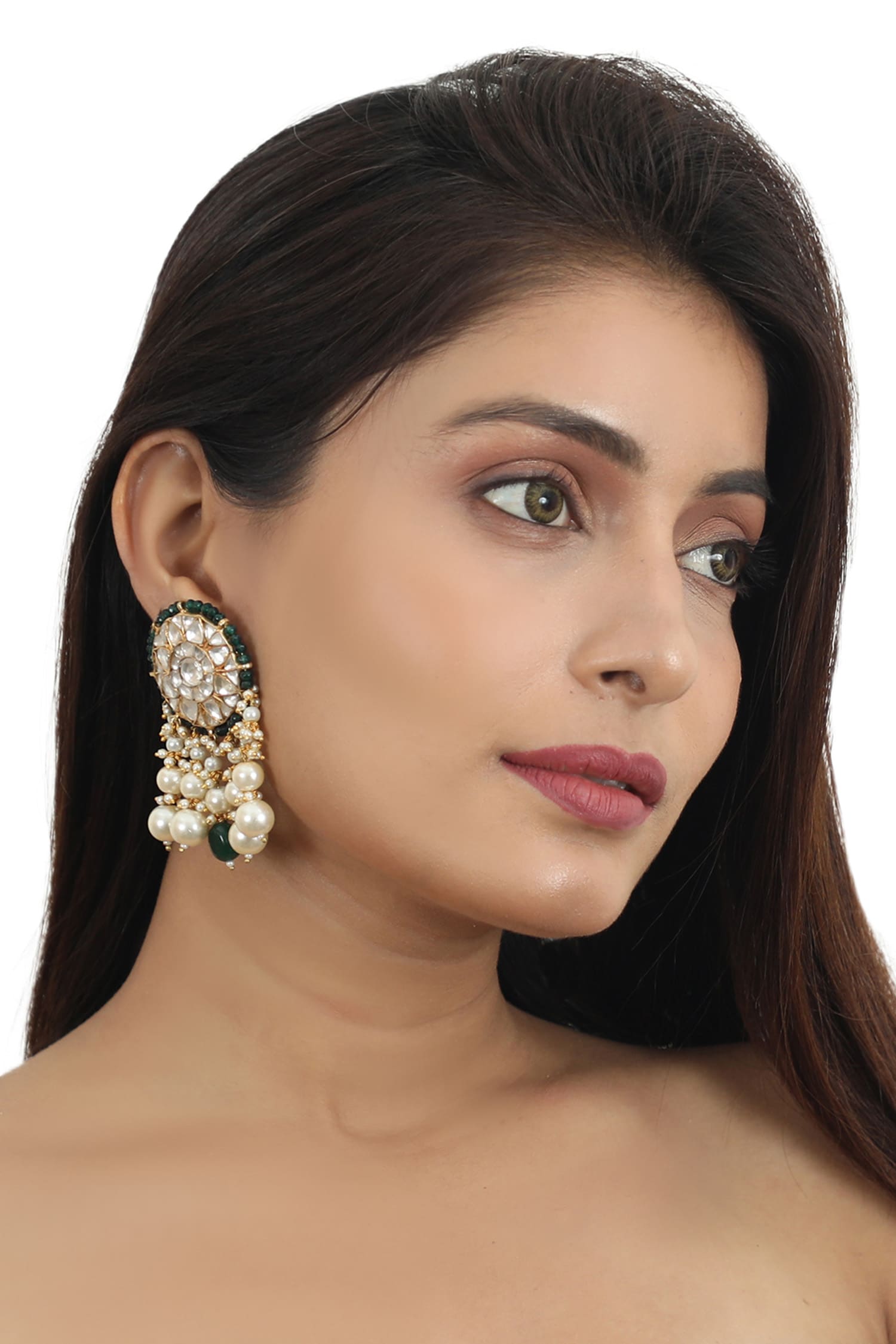 Buy Gold Plated Real Jadtar Stones Floral Embellished Earrings by Riana