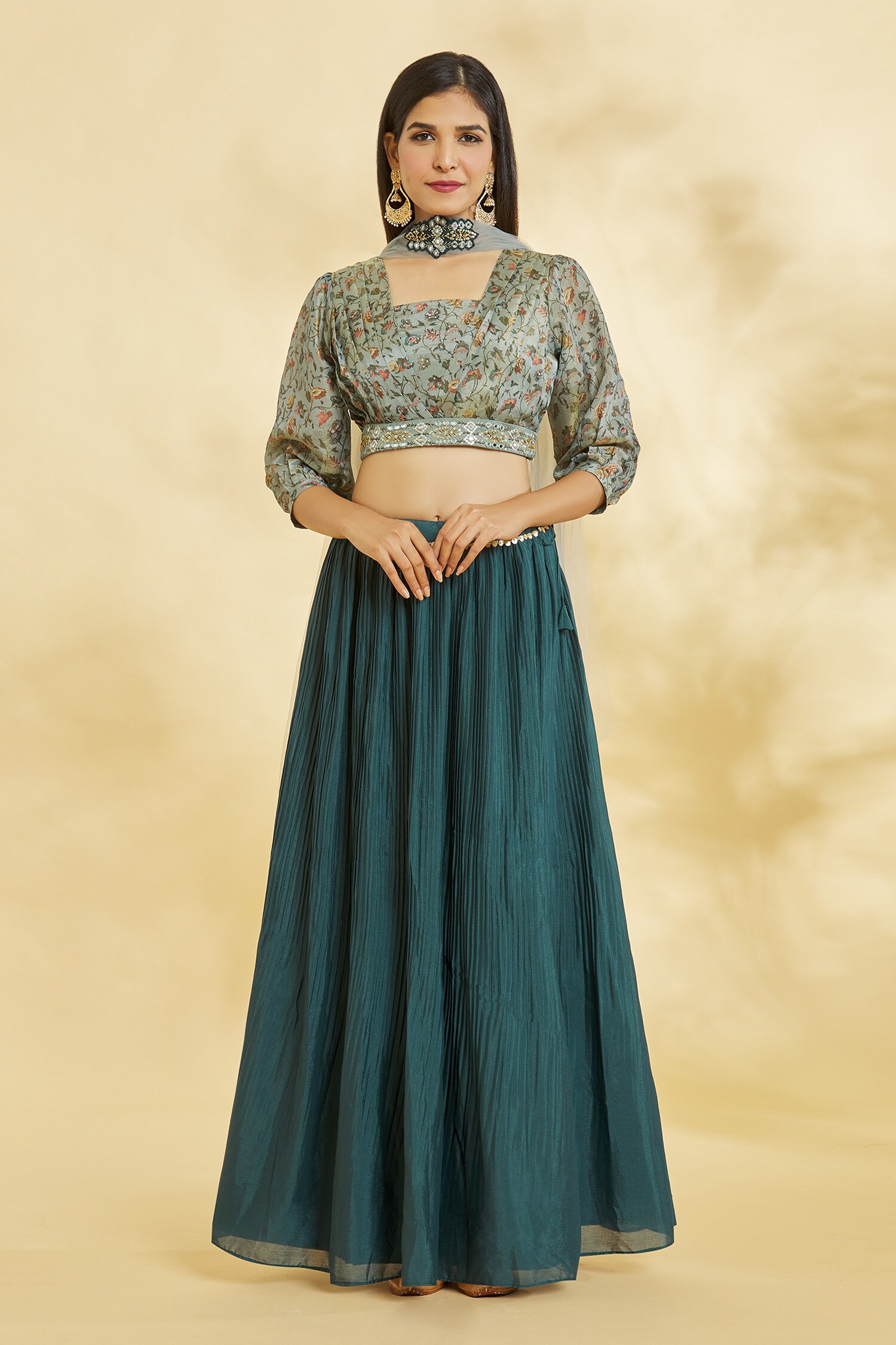 Buy Khwaab by Sanjana Lakhani Green Floral Print Crop Top Lehenga Set