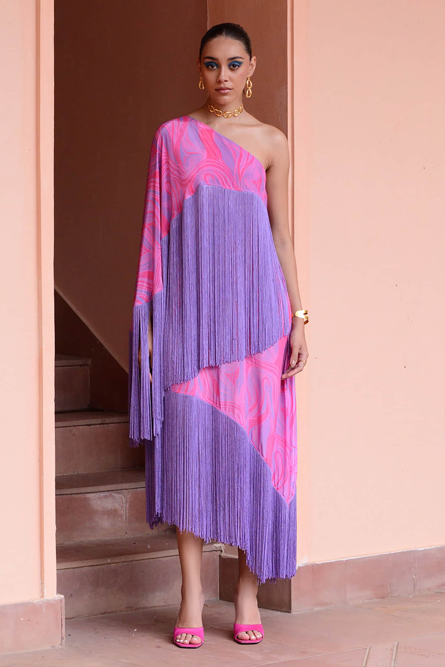 Buy Purple Crepe Printed Wave Asymmetric Sangaria Fringe Tassel