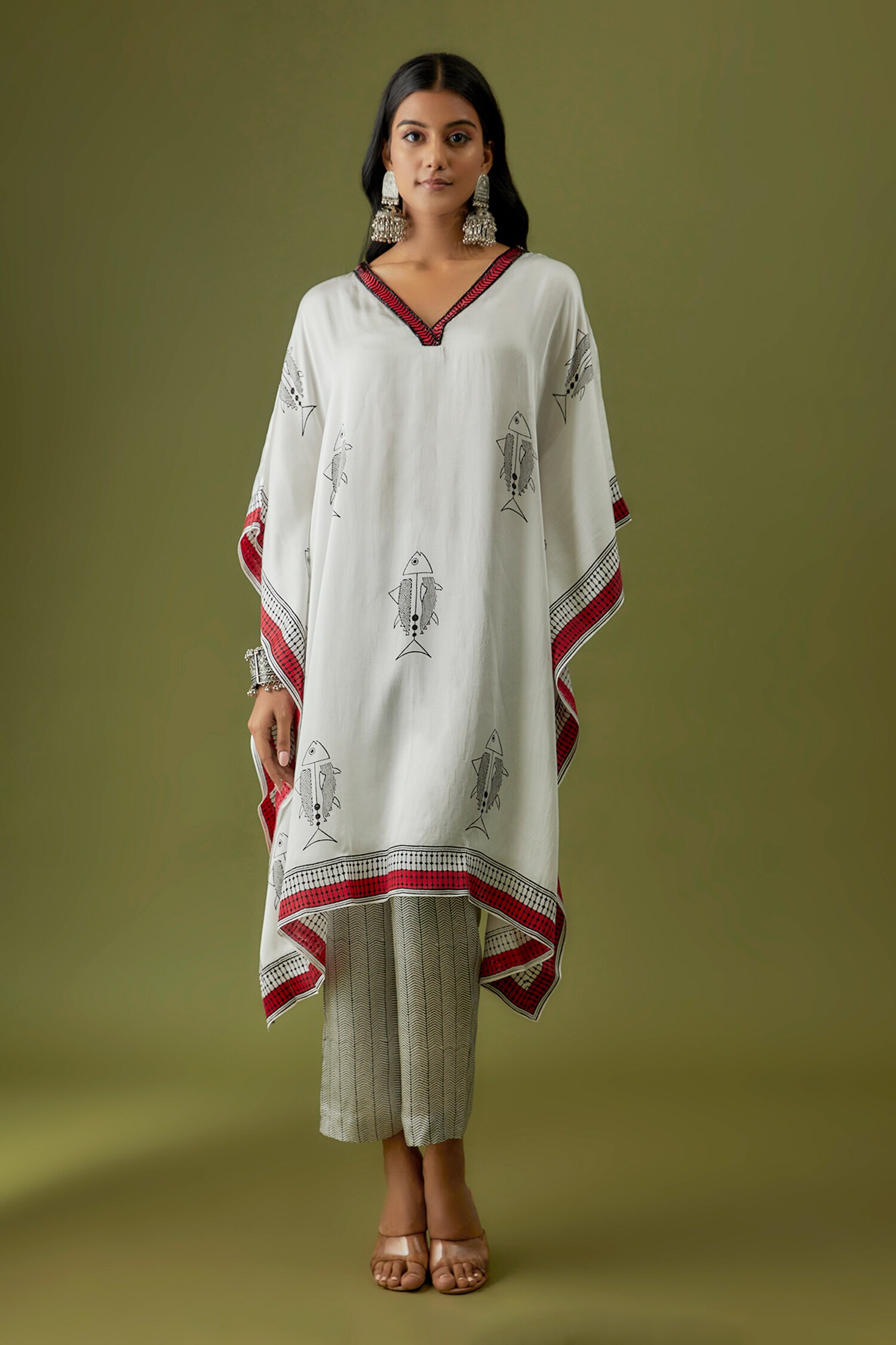 Buy Sanjev Marwaaha Ivory Modal Block Print Kaftan And Pant Set Online