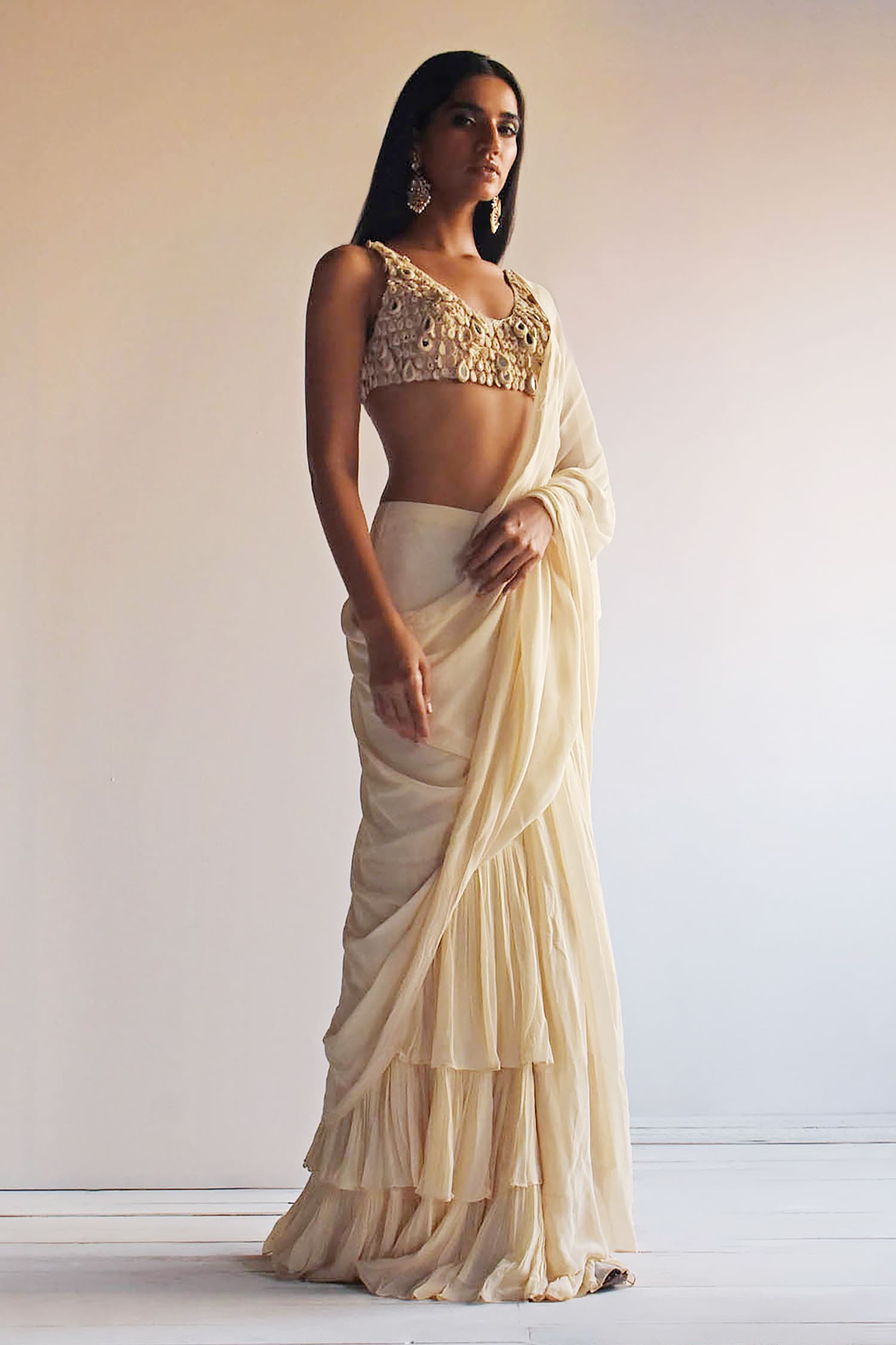 Embellished Ruffled Net Saree in Off White and Pink : SFLA181