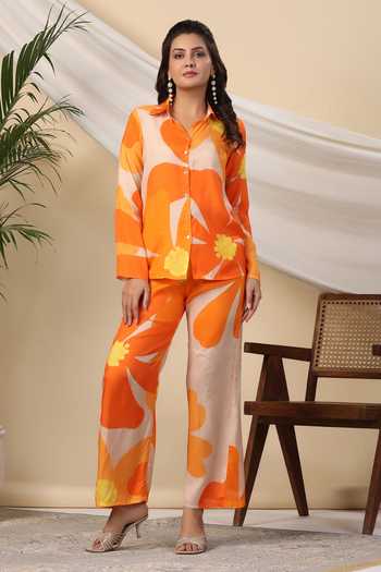 Orange Color Multi Color Floral Muslin Top [T.L.46]With Parallel Pant [P.H.38]