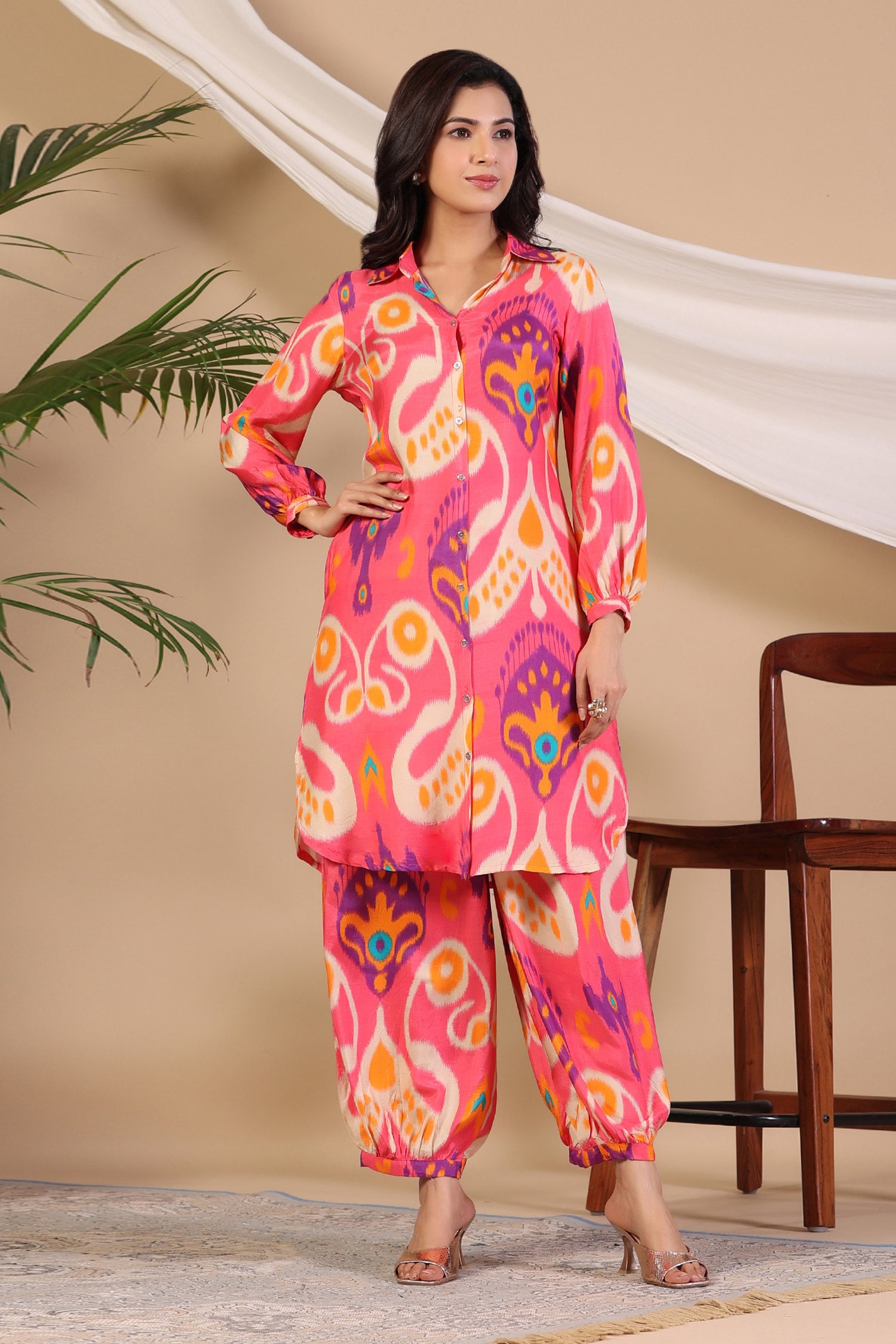 Buy Multi Color Muslin Printed Abstract Shirt Collar And Pant Set For Women  by Bairaas Online at Aza Fashions.