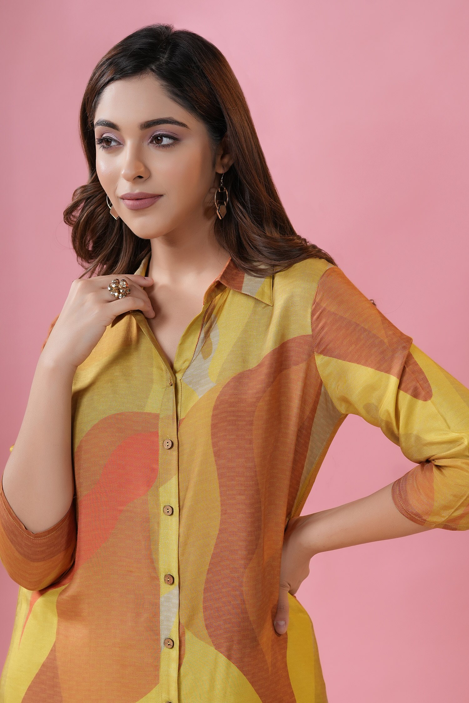 Buy Yellow Muslin Printed Abstract Collared Neck Shirt Kurta And