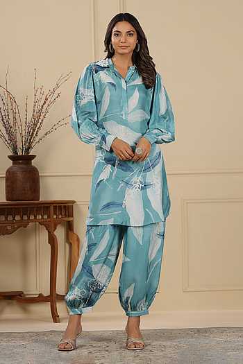 Sky Blue Polyester Rayon Floral Print Summer Wear asymmetrical Kurta With Afghani Pant