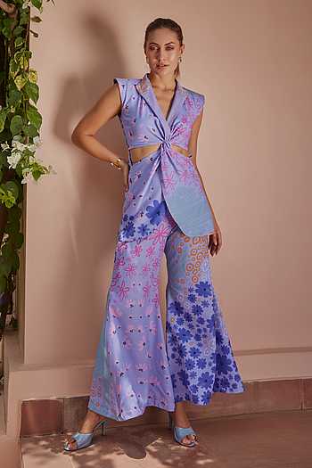 Buy Purple Cotton Collared Iris Floral Print Top With Pant For