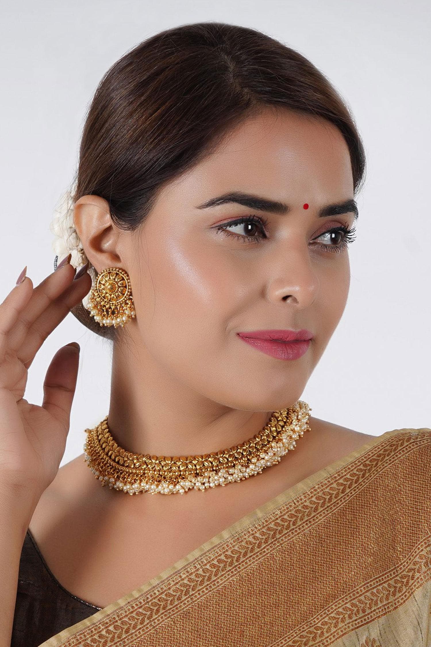 Buy Gold Plated Carved And Pearls Embellished Floral Necklace Set by Smars Jewelry Online at Aza