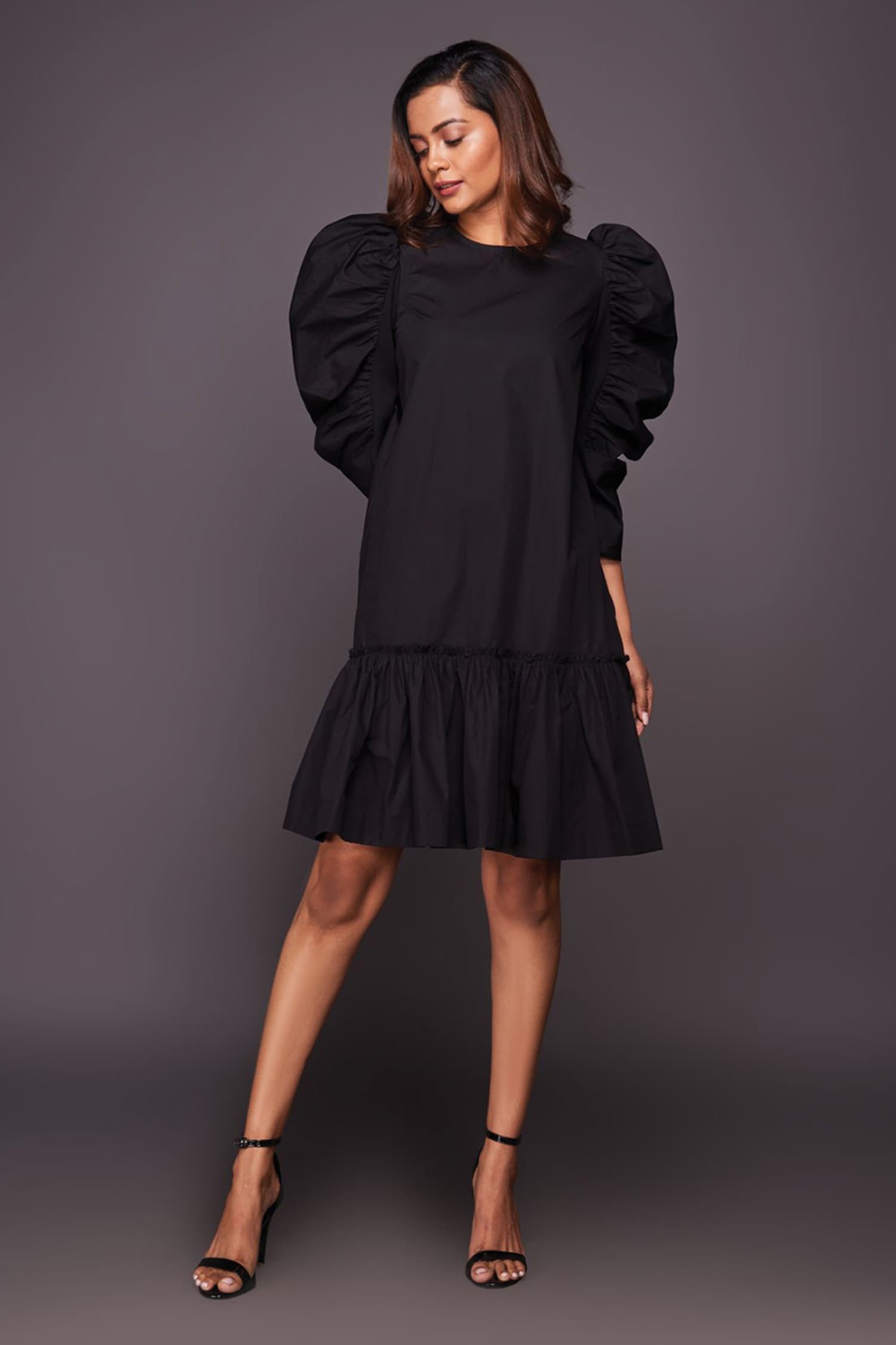 Couture Chiffon Puff Sleeve Dress in Black