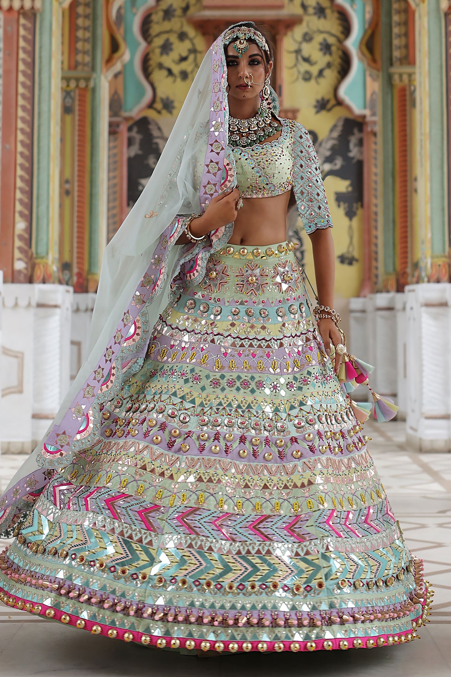 Banarasi Silk Multi Colour Embroidered Lehenga Choli