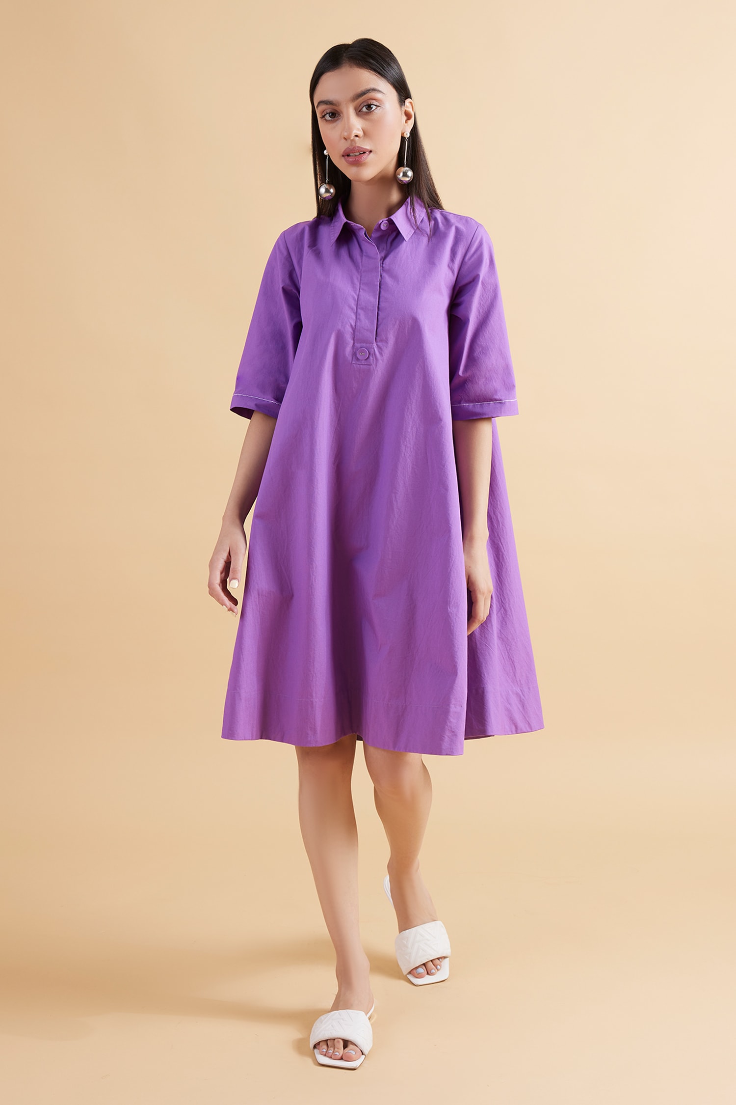 Buy Kanelle Purple Cotton Poplin Maisie Solid A-line Dress Online | Aza ...