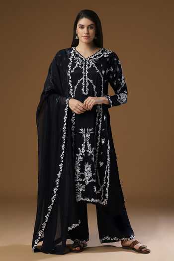 Black Silk Resham Embroidered Kurta Jacket Set main image 0