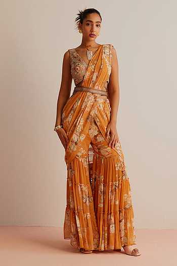 Orange zig-zag print &  embroidered blouse and Gharara set