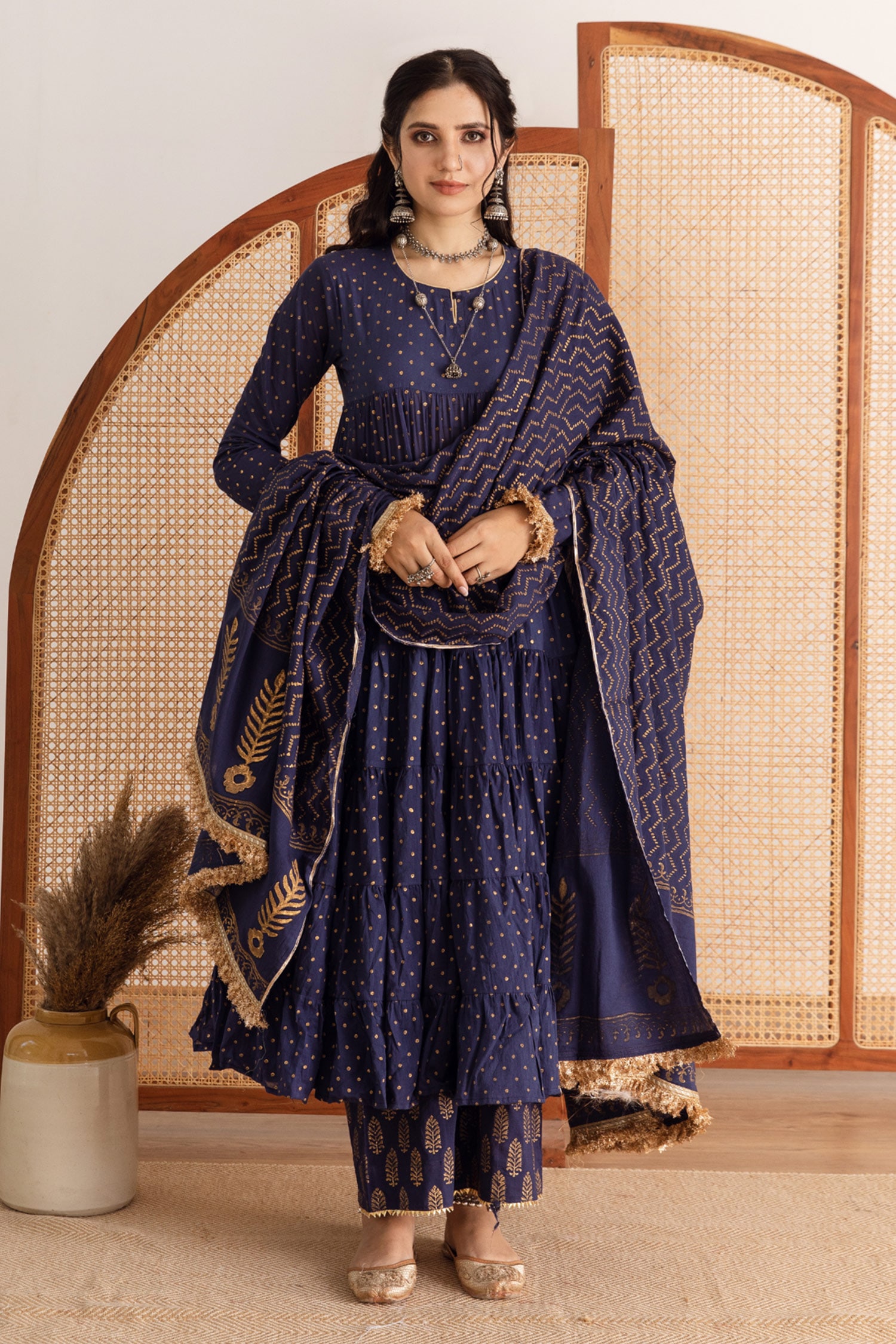 Buy Blue Kurta And Pant Cotton Printed Block Round Tiered Set For Women ...