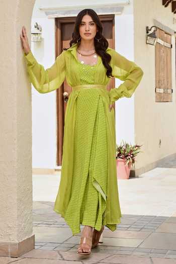 Palak And Mehak Green Crepe, Organza Embroidery Samara Bandhani Print Dress And Jacket Set| Aza Fashions| Resort Palak And Mehak Green Crepe, Organza Embroidery Samara Bandhani Print Dress And Jacket Set| Aza Fashions| Resort