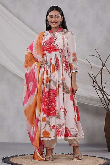 Buy Cream Anarkali Muslin Printed Rose Chinese Collar Angarkha Set For ...