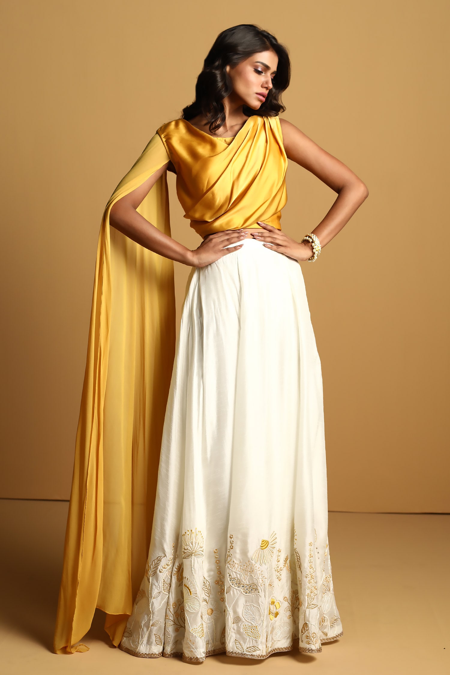 28 Threads - Yellow Draped Satin Top And Skirt Set