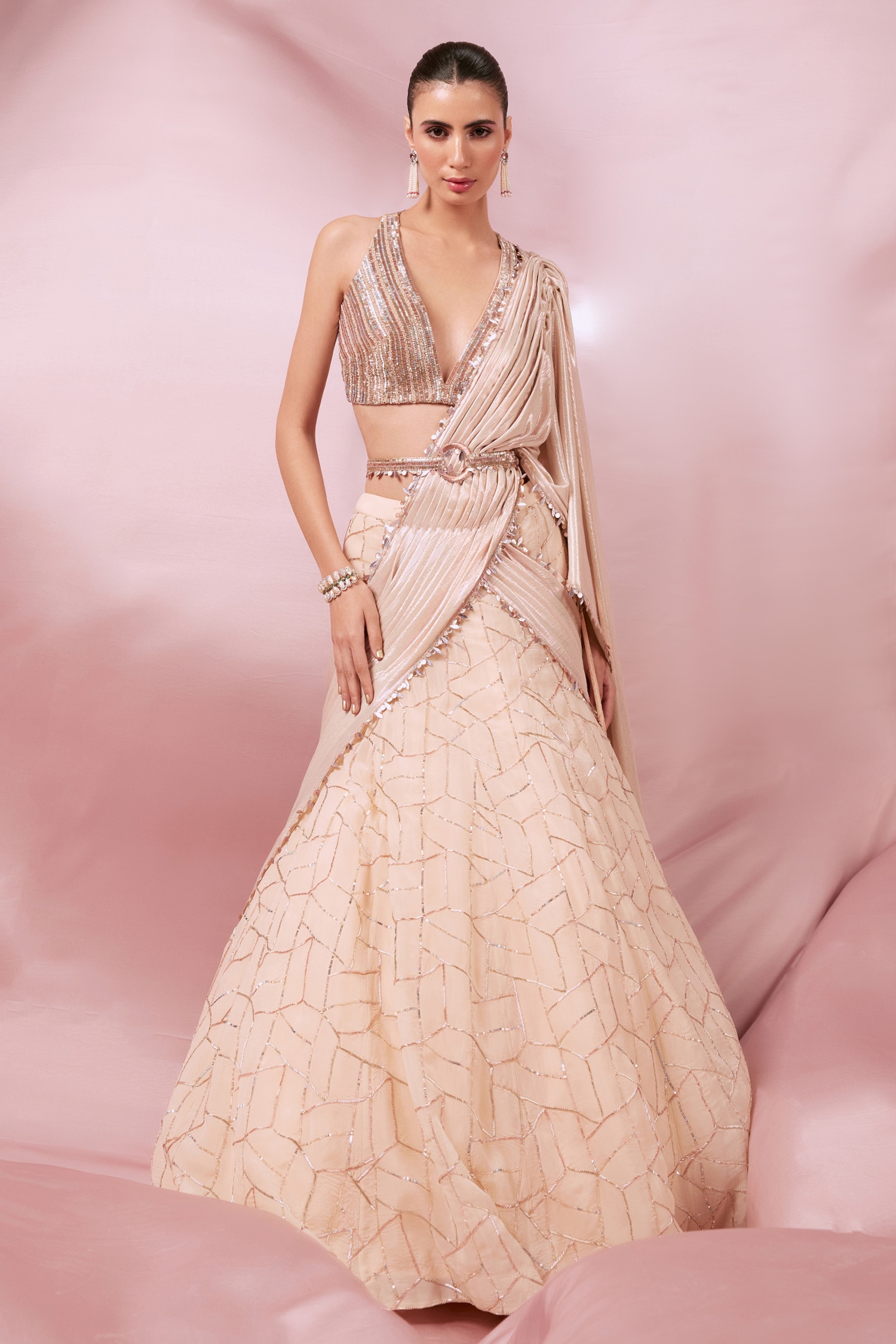 Roqa Pink Organza Hand Embroidered Sequins Deep V Lehenga Saree With Blouse For Women
