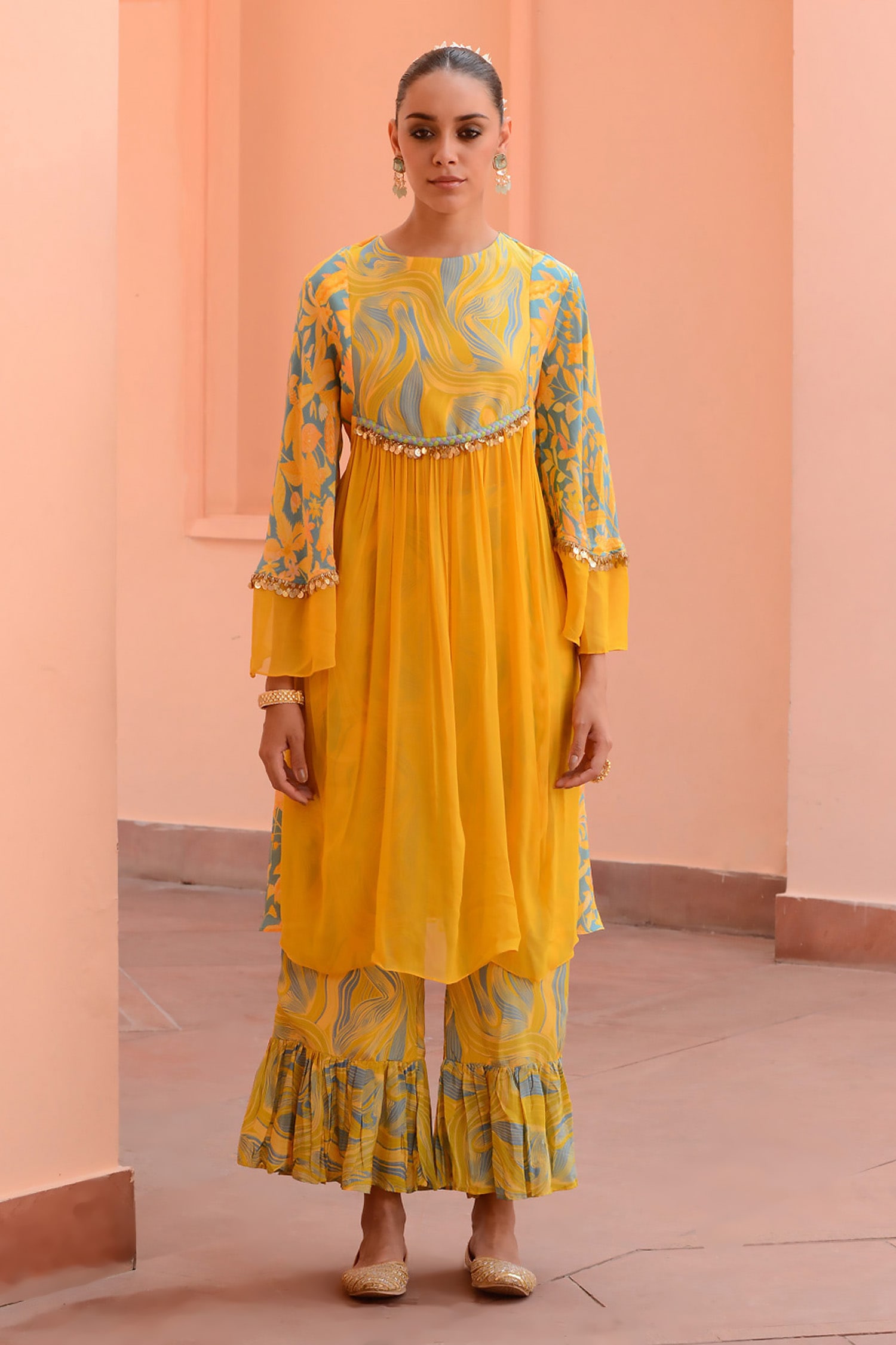 Buy Yellow Crepe Printed And Embroidered Amber Short Anarkali & Pant Set  For Women by Rishi & Vibhuti Online at Aza Fashions.