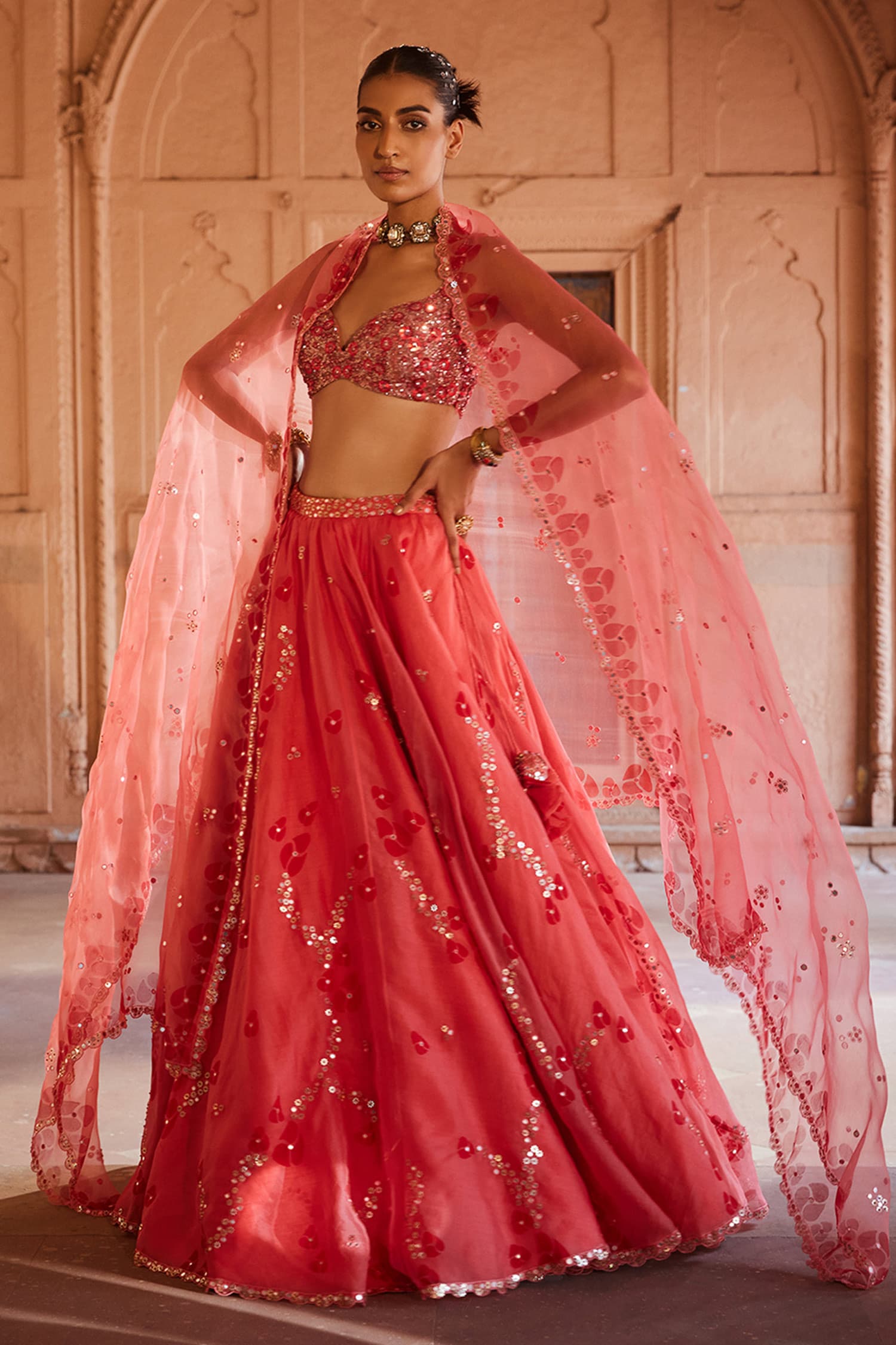Prevasu Coral Blouse: Net Hand Block Printed Leaf Gulaab Lehenga Set For Women