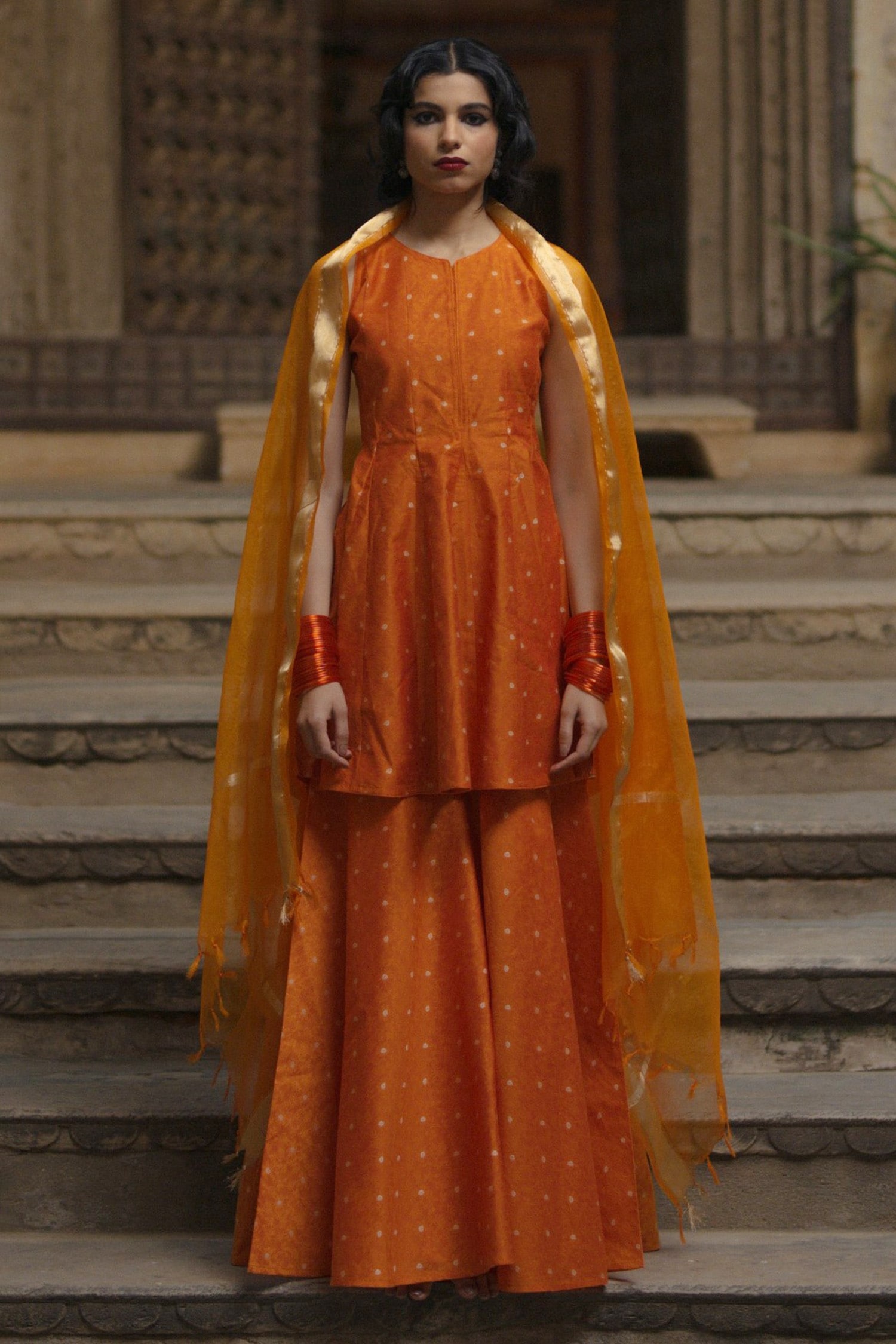 BAARO MASI Orange Brocade Woven Vintage Pattern Round Peplum Kurta Sharara Set For Women