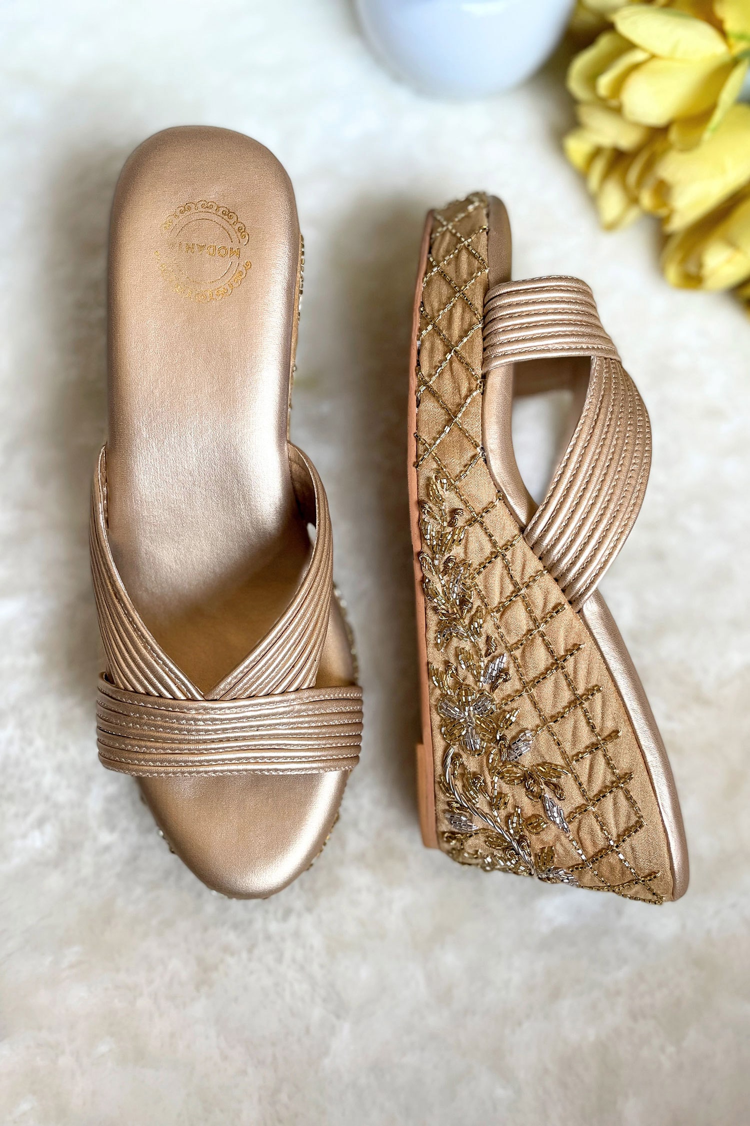 Buy Gold Zardozi And Cutdana Embroidered Wedges by Modanta