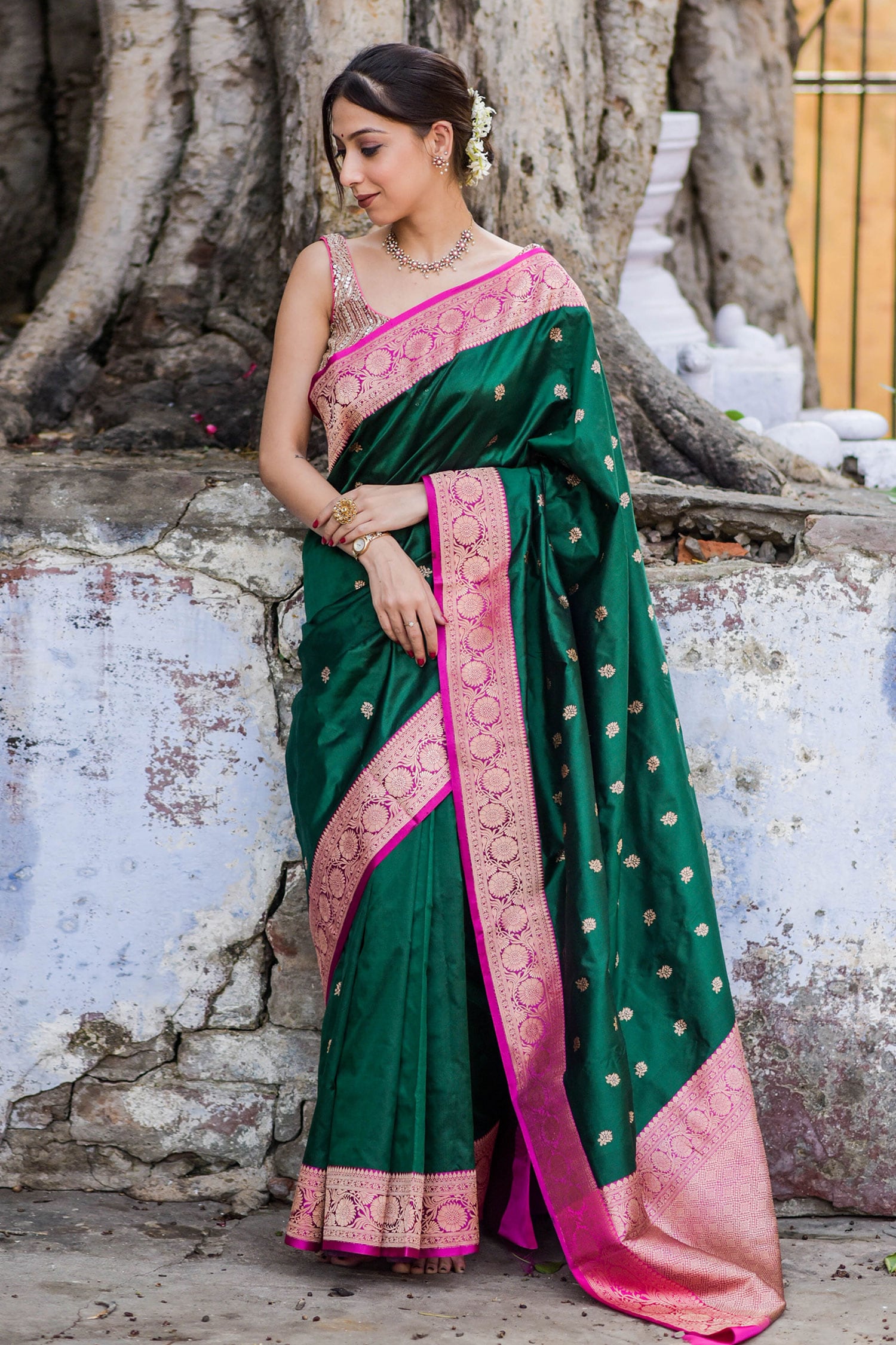 Party Wear Printed Dark Green Banarasi Silk Saree, 6.5 m (with blouse piece)