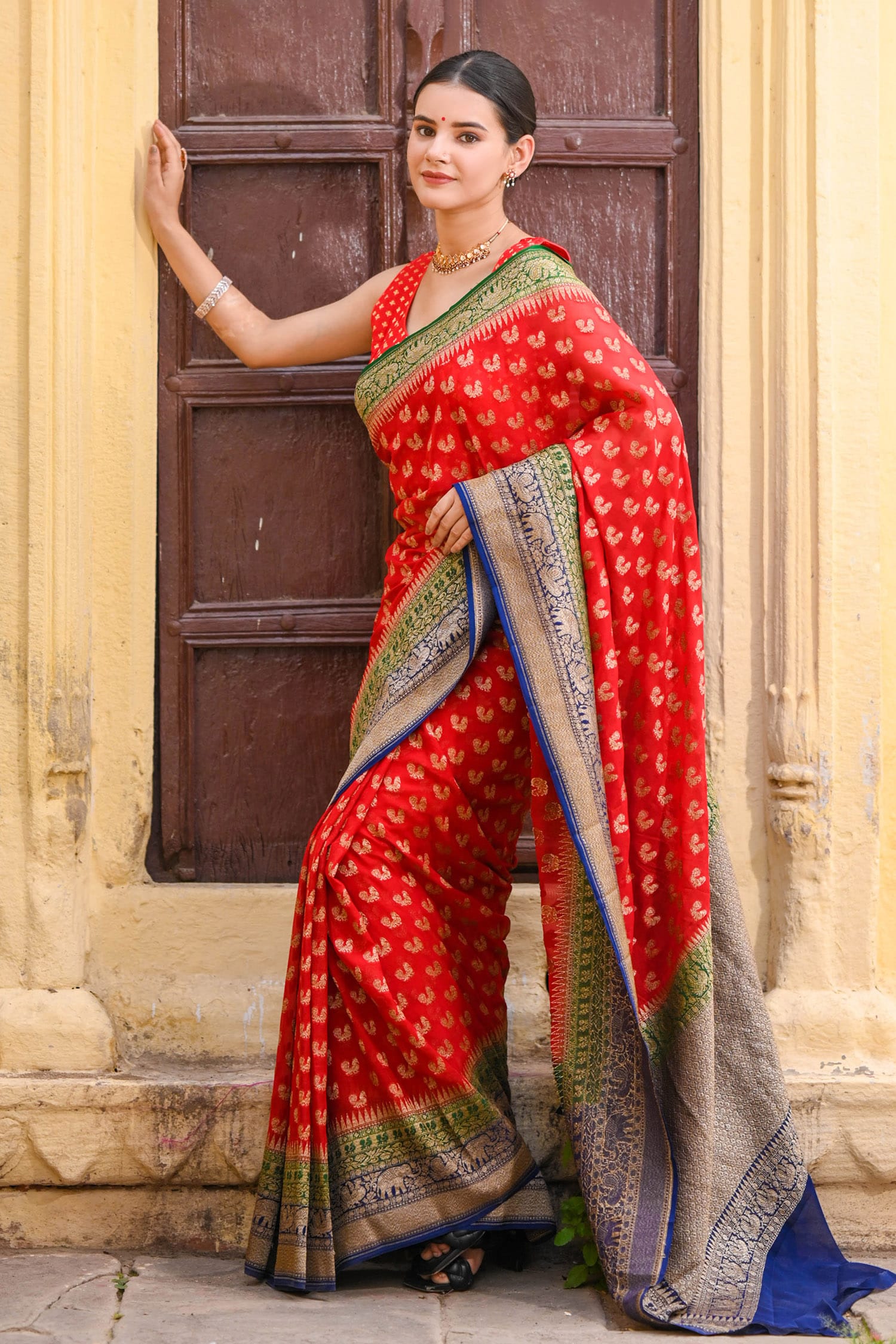 Lehenga style saree, Green crepe embroidered sari, U neck blouse