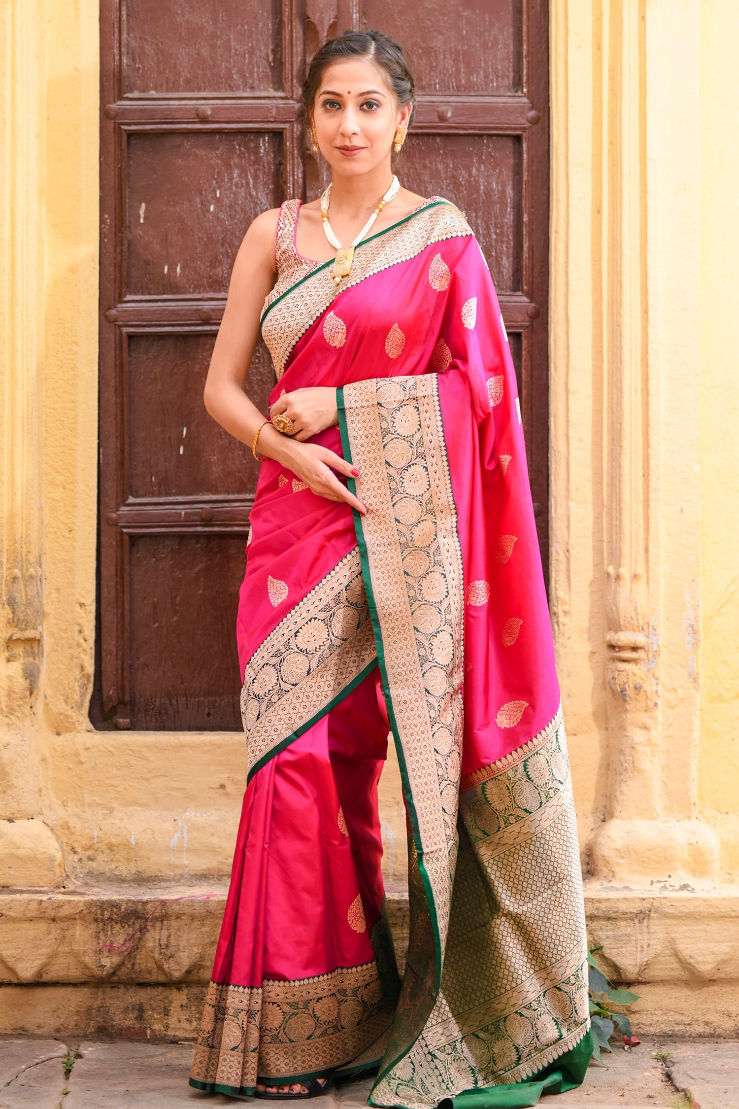 Green Banarasi Saree | Pink Saree | South Indian Silk Saree | Floral S –  Vara Vastram