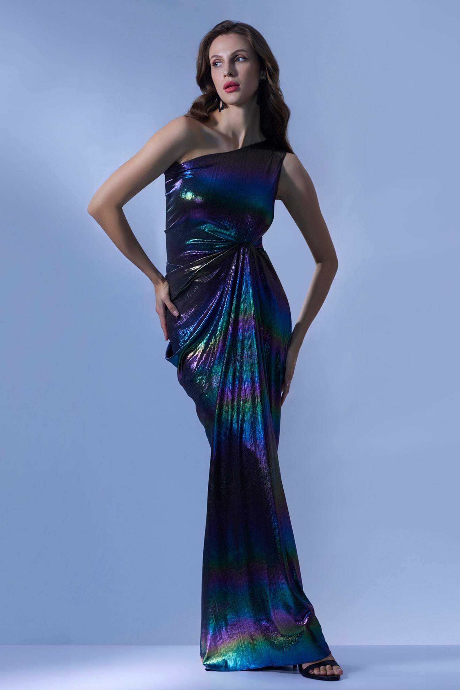 Buy Multi Color Stretch Knit Foil Plain Asymmetric Neck Holographic