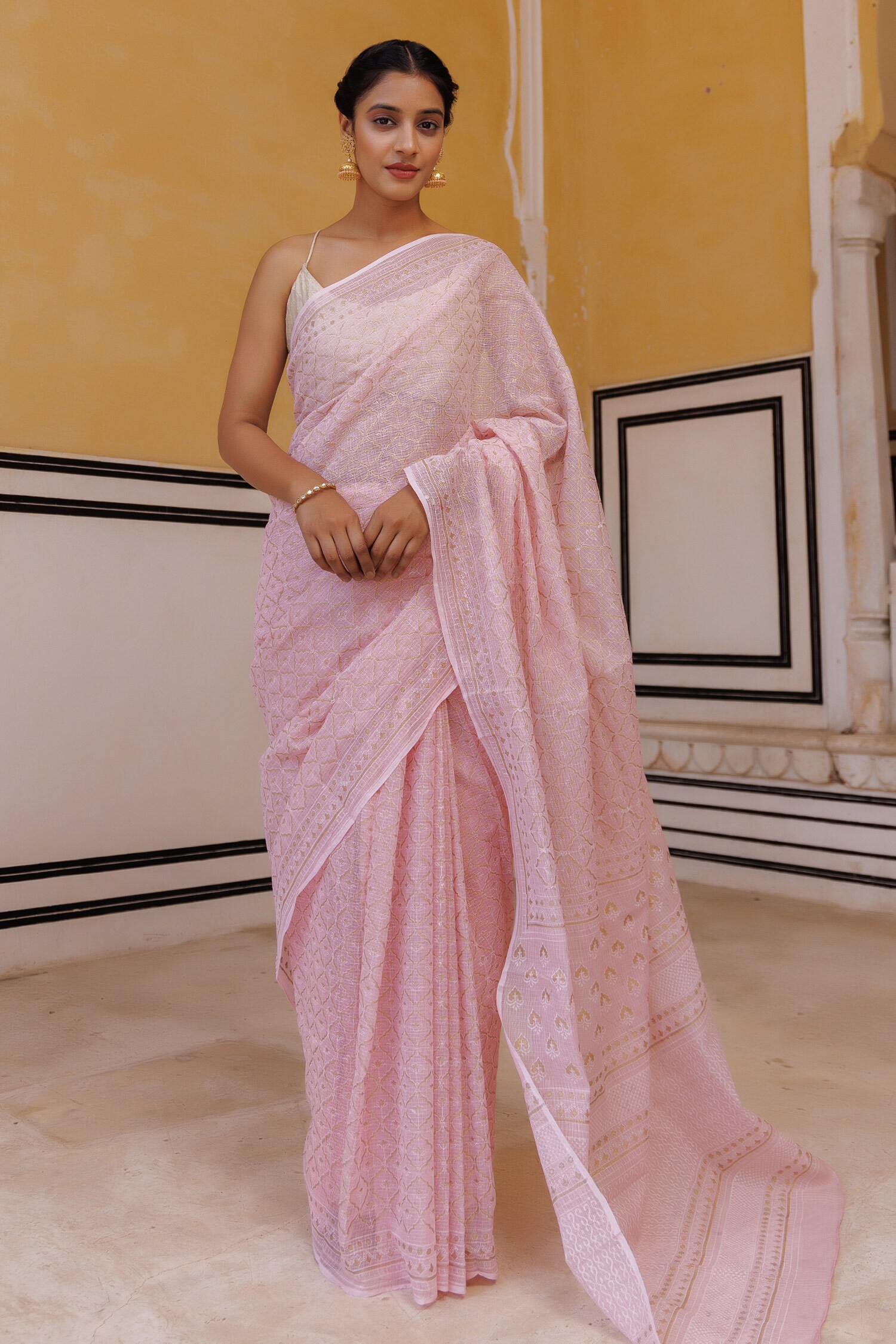 Buy Pink Kota Cotton Hand Block Printed Mughal Saree For Women by Geroo