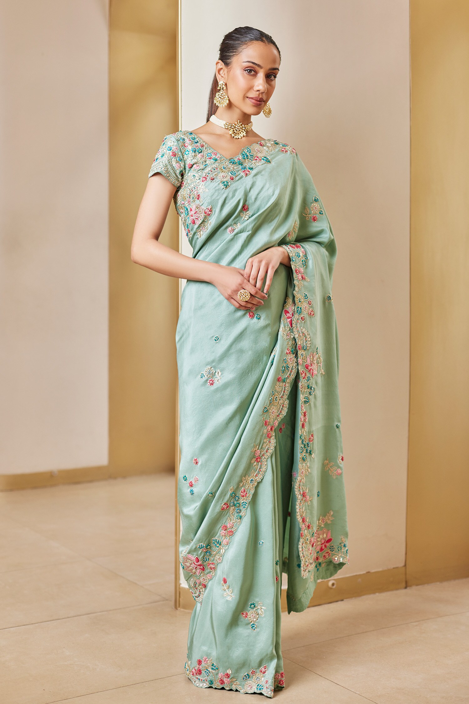 Buy Blue Mulberry Silk Hand Embroidered French Knots V Saree With