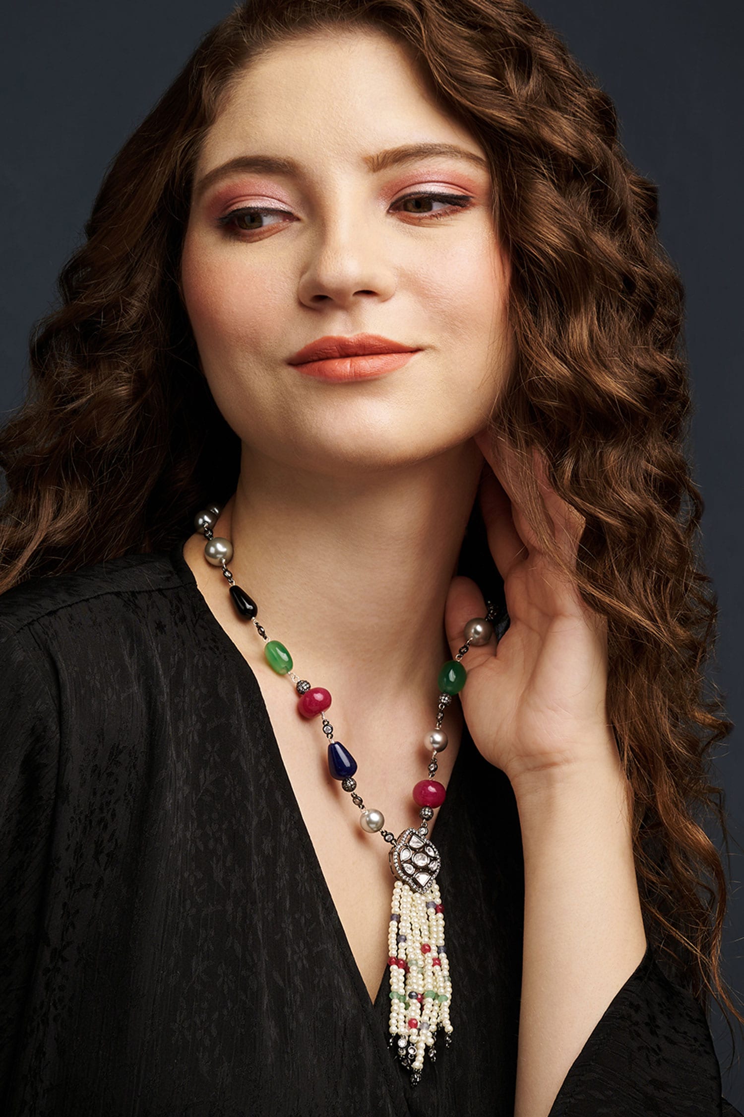 Buy Multi Color Agate Pearl And Encrusted Necklace By Joules By Radhika