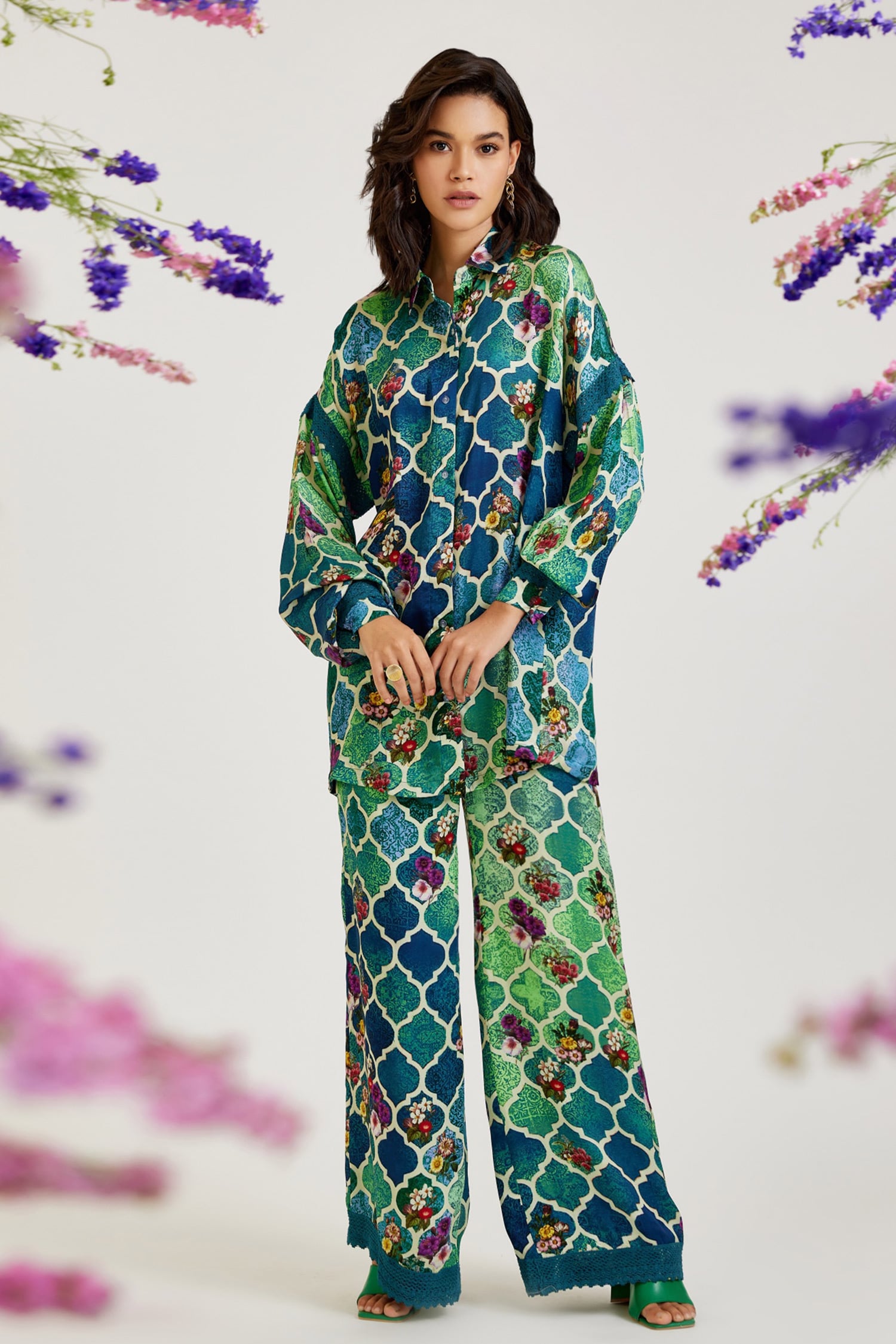 Buy Blue Shirt And Trouser: Kupro Satin Print Floral Moroccan With For ...