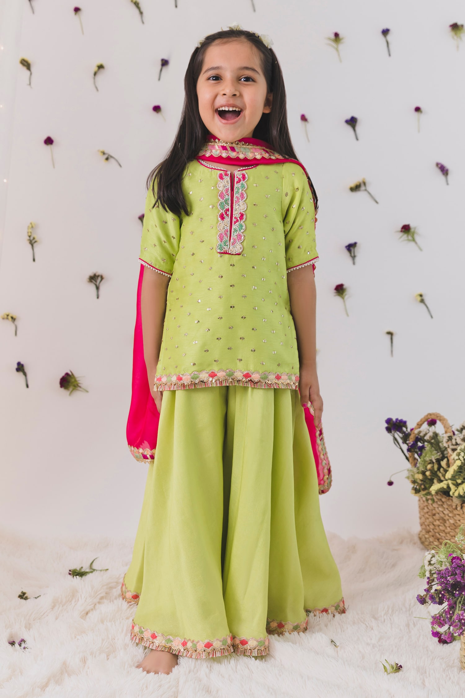 Buy Green Silk Embroidered Sequin Embellished Kurta Sharara Set For ...